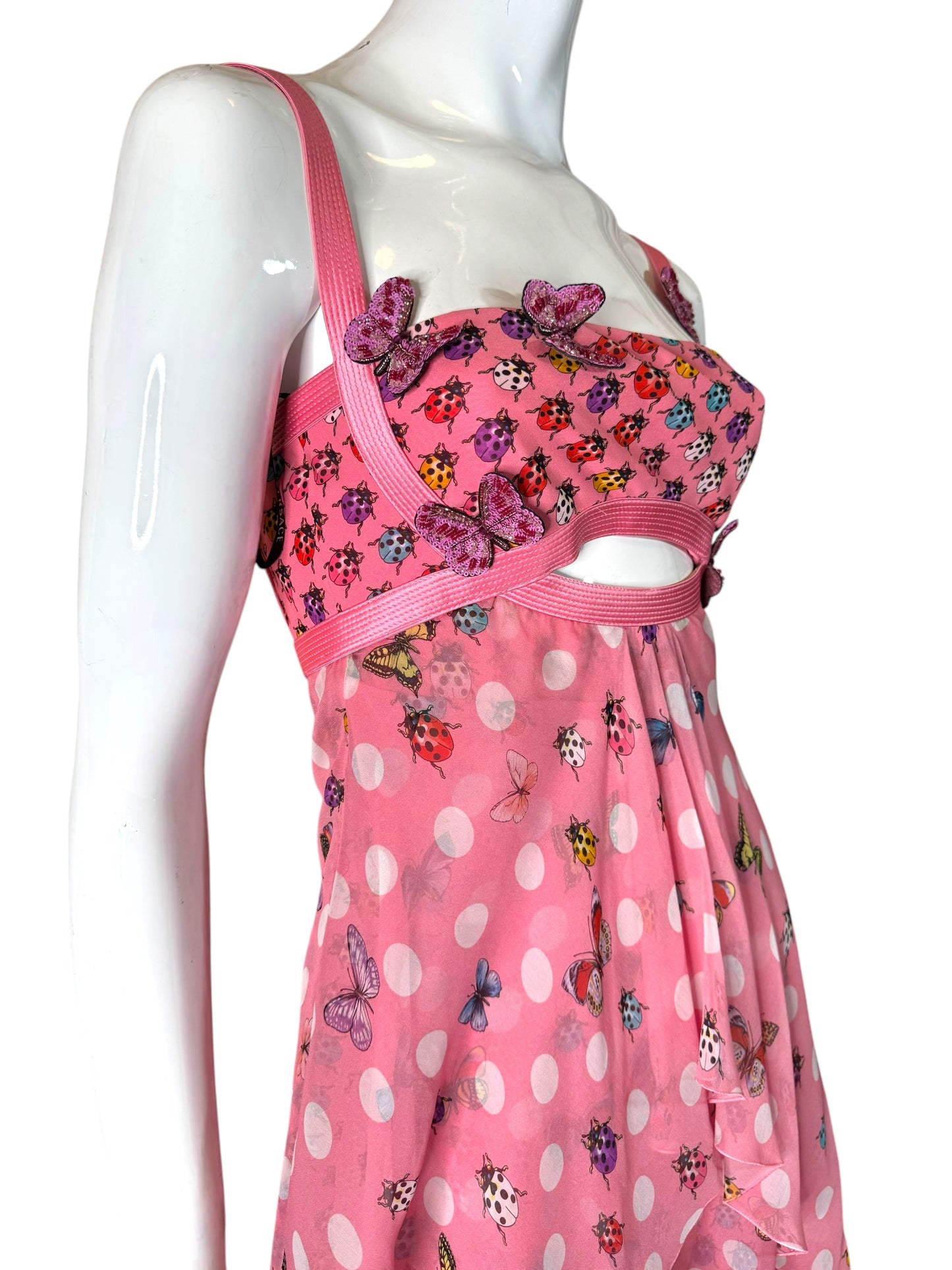 Versace Abito Seta Rosa Farfalle e Coccinelle
