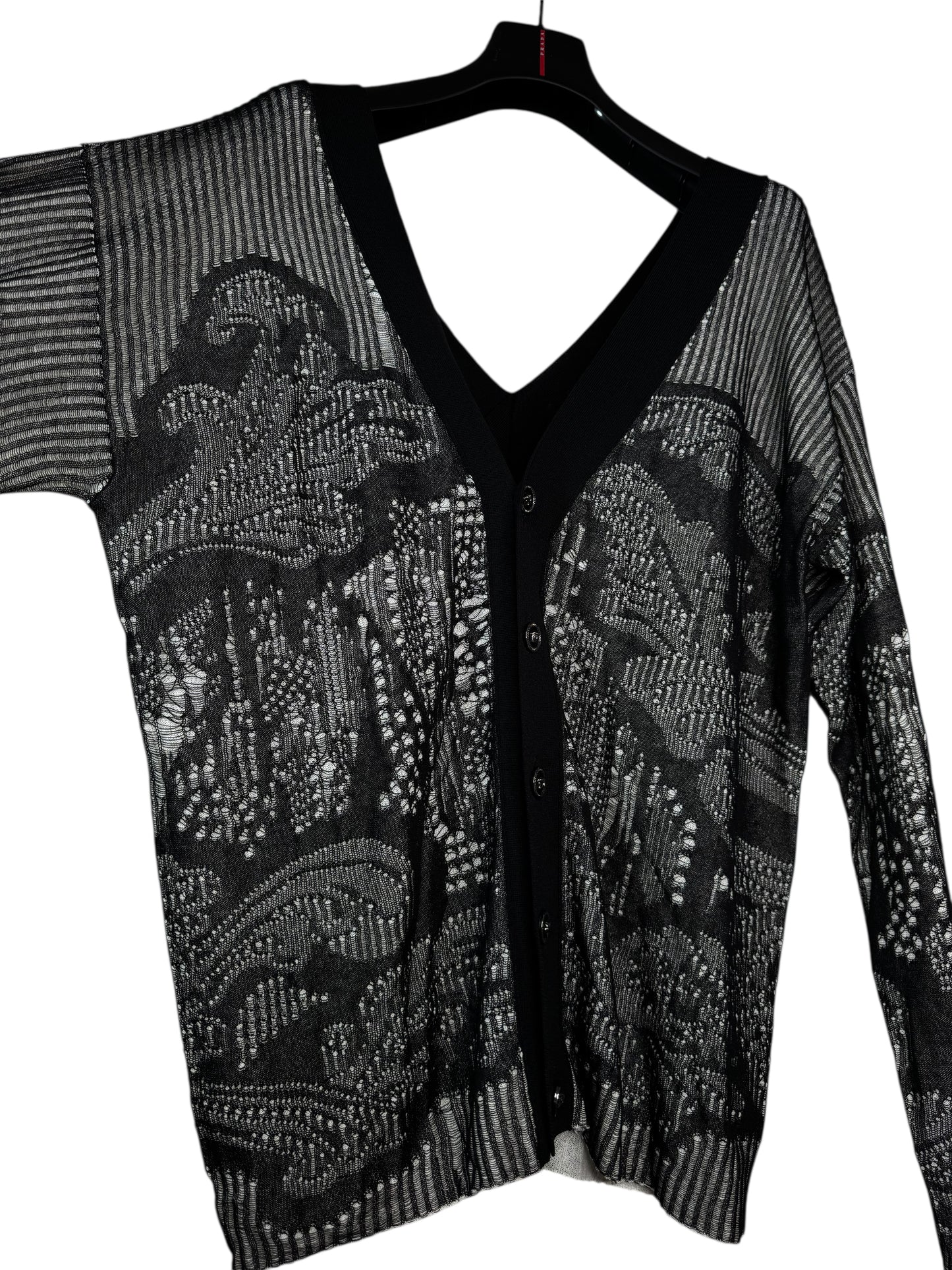 Cardigan Versace nero in cotone traforato lavorazione a punti caduti