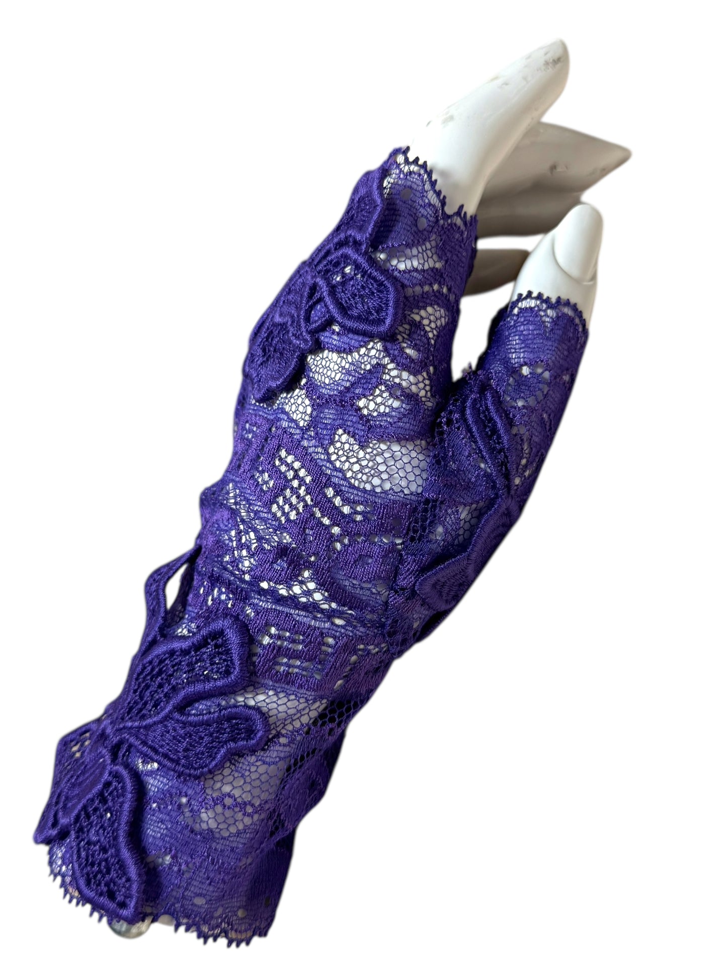Guanti pizzo viola Versace – Ricamo floreale – Taglia 7,5 (M) Made in Italy