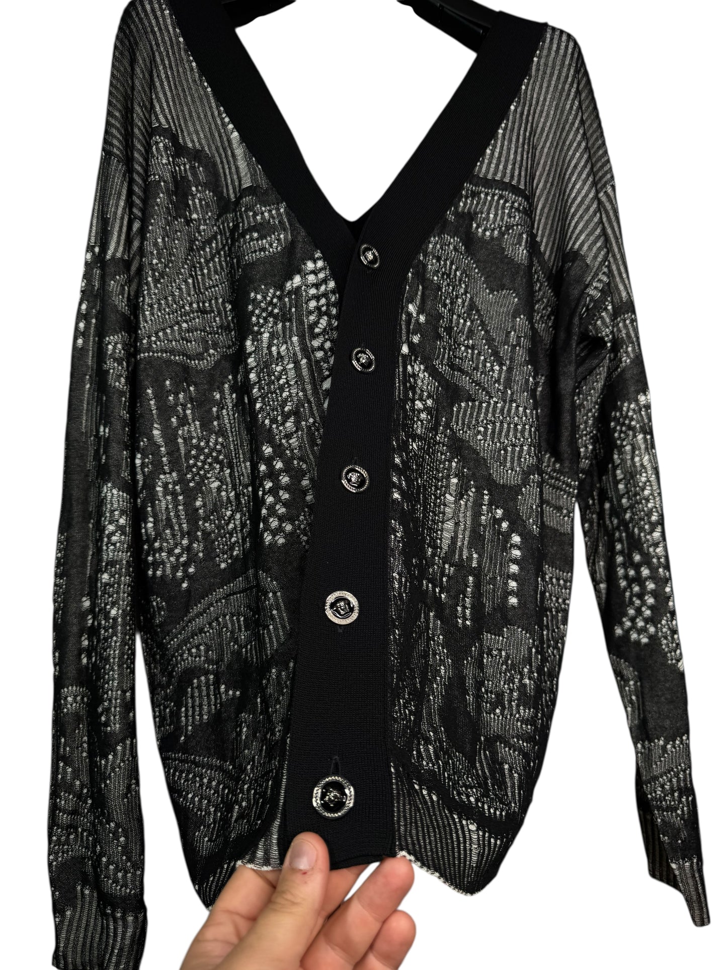 Cardigan Versace nero in cotone traforato lavorazione a punti caduti