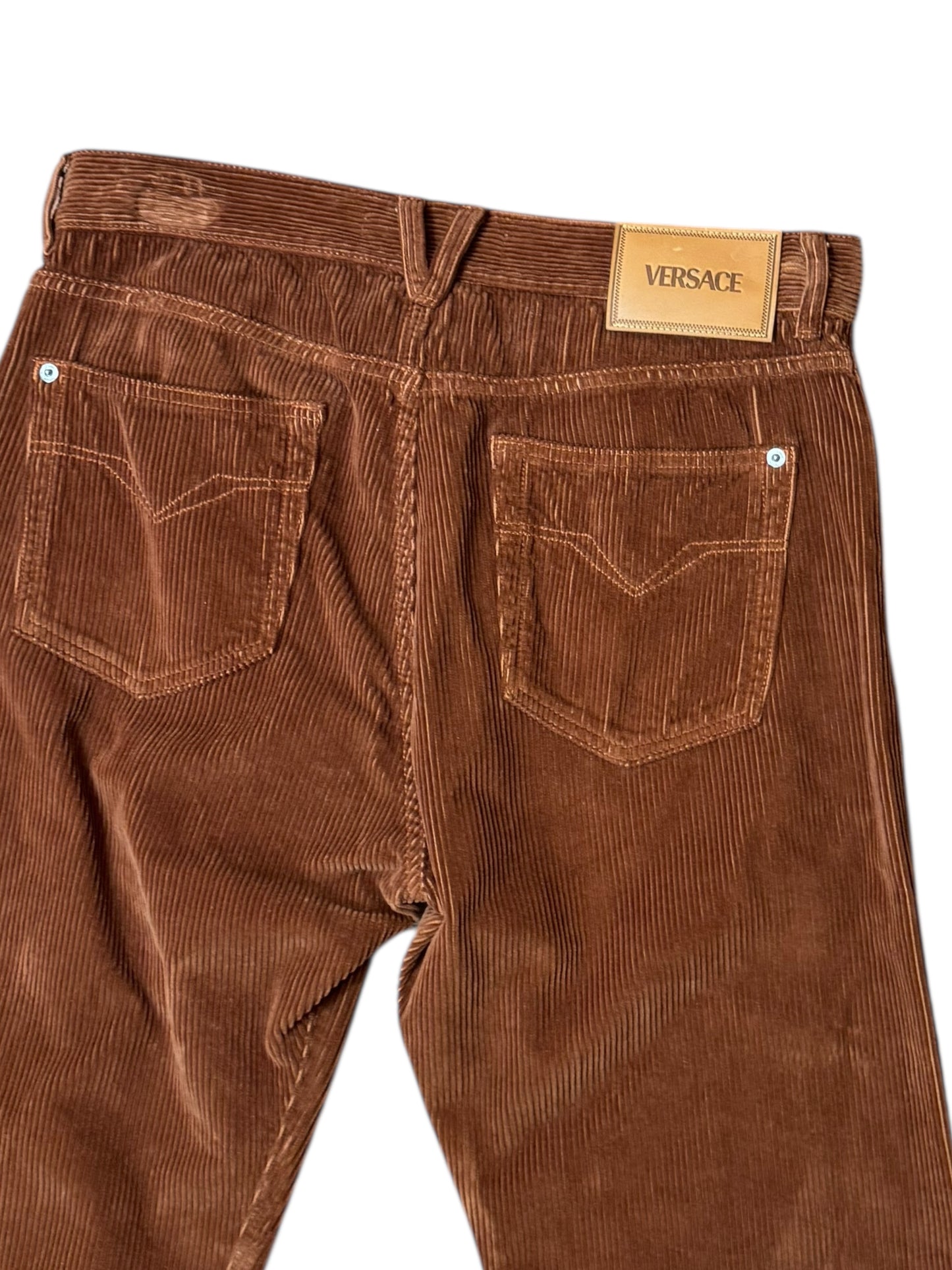 Pantaloni uomo Versace in velluto a coste marrone con logo Medusa – Taglia 32.