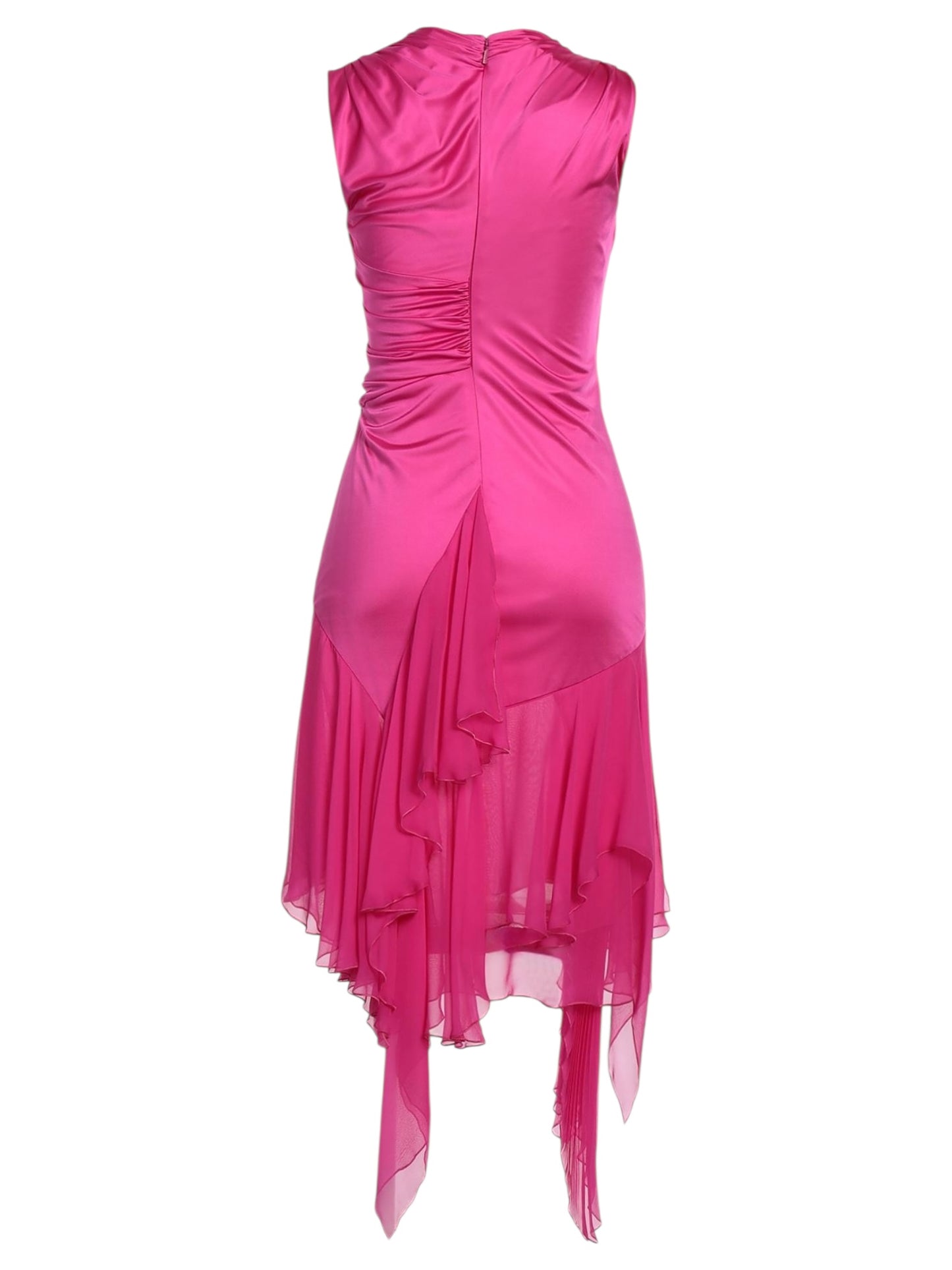 Vestito Versace cocktail in seta fucsia con drappeggi e orlo asimmetrico - taglia 36