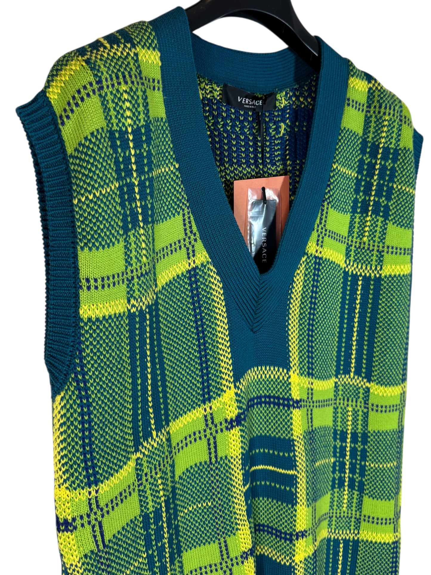 Versace gilet uomo check verde/blu con logo ricamato sul retro – Made in Italy.