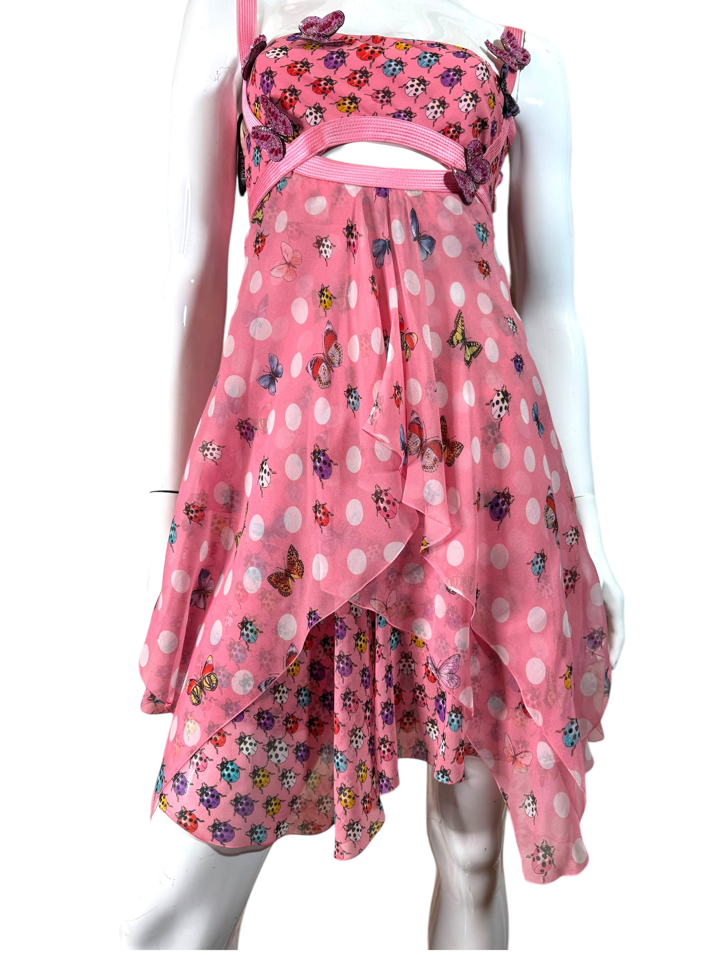 Versace Abito Seta Rosa Farfalle e Coccinelle