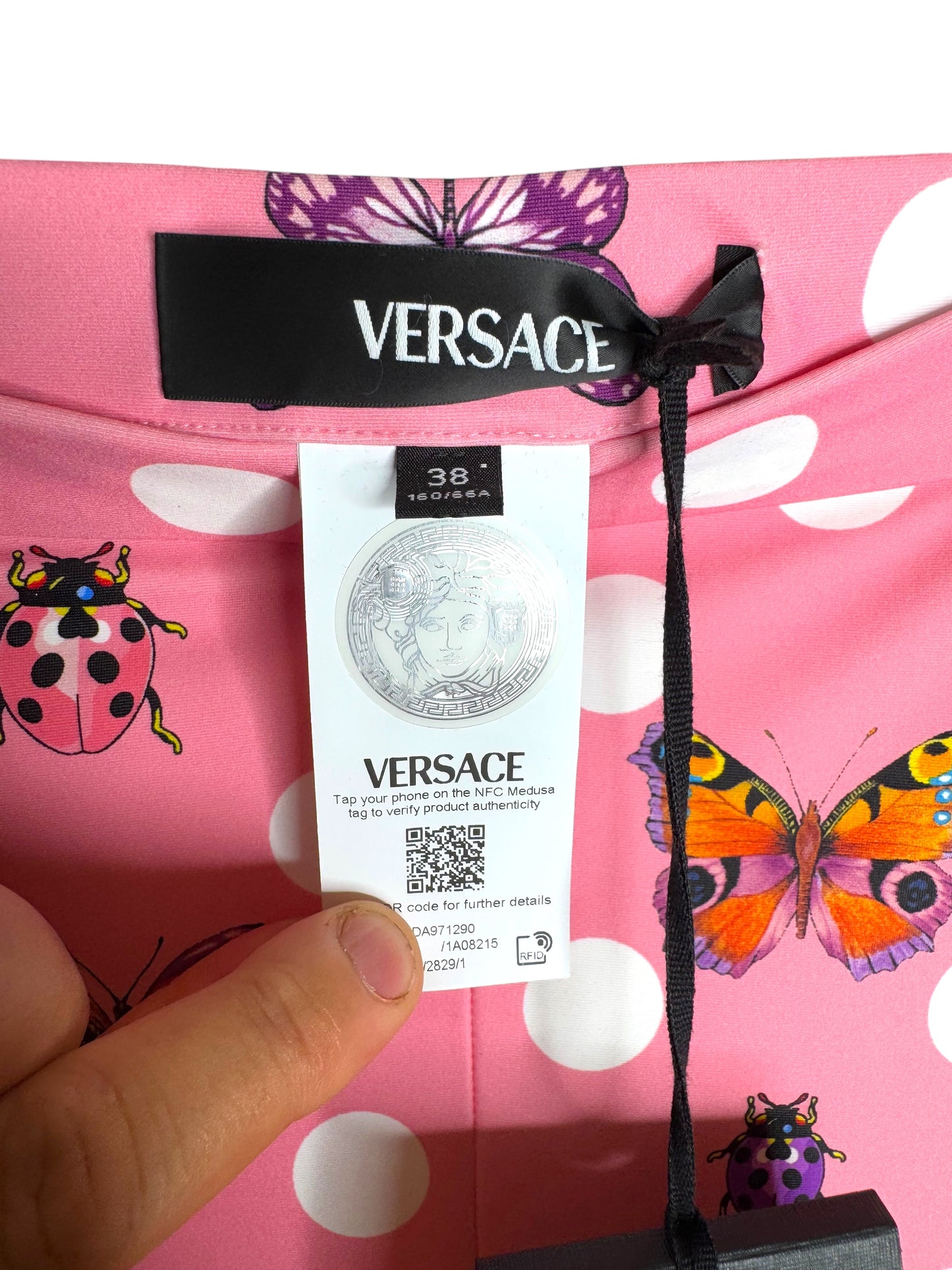 Leggings Versace Donna Tg. 38 – Fantasia Pois Rosa con Farfalle e Coccinelle – Made in Italy