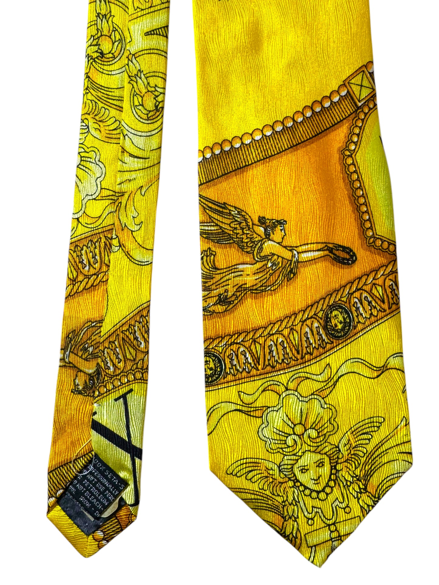 Cravatta vintage Gianni Versace oro barocco con orologi e angeli – 100% seta Made in Italy