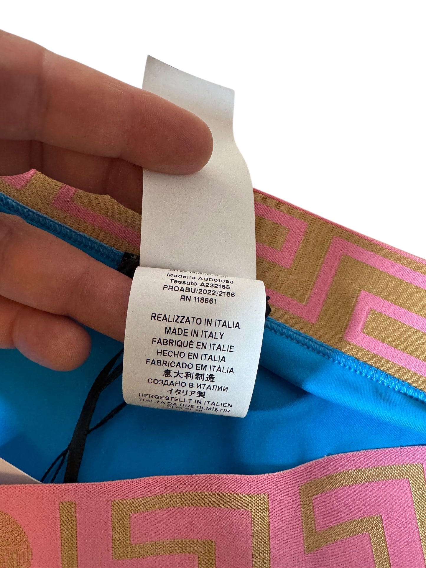 Slip bikini donna Versace blu con fascia Greca rosa e oro - Taglia 5 (XL) - Made in Italy
