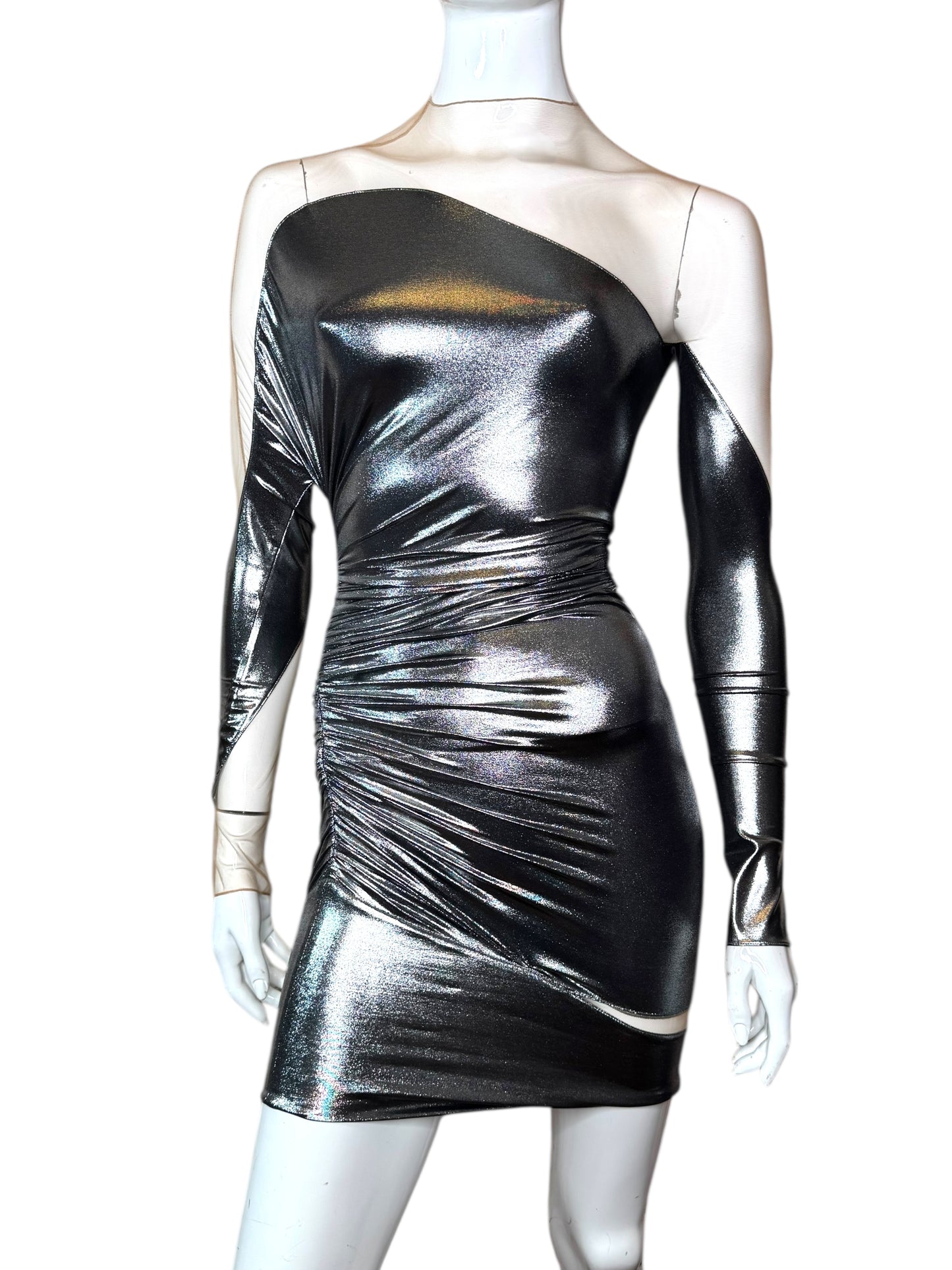 Mugler abito mini asimmetrico chrome silver, taglia 32 FR (36 IT – XXS)