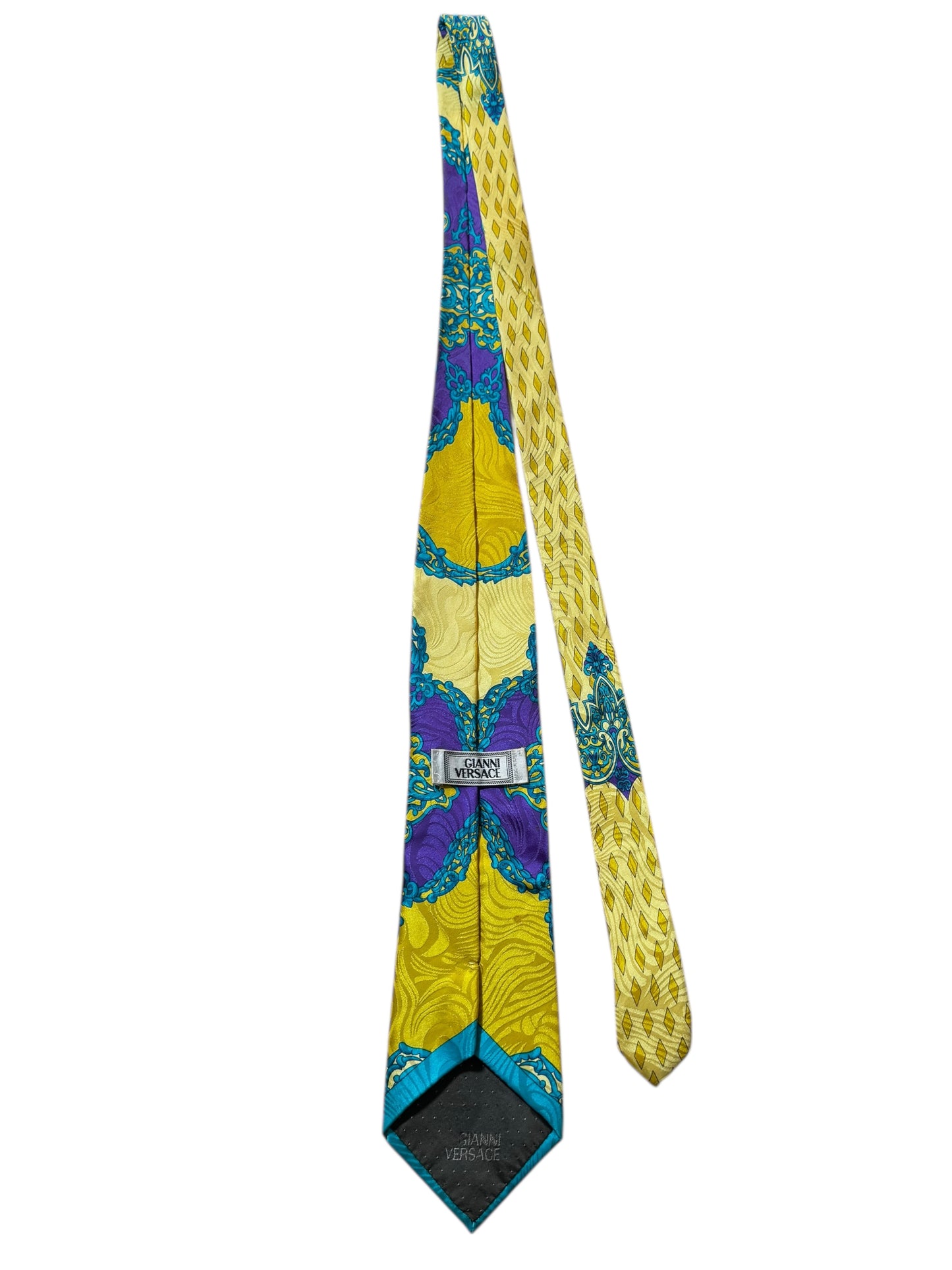 Cravatta Gianni Versace vintage seta stampa barocca giallo viola turchese