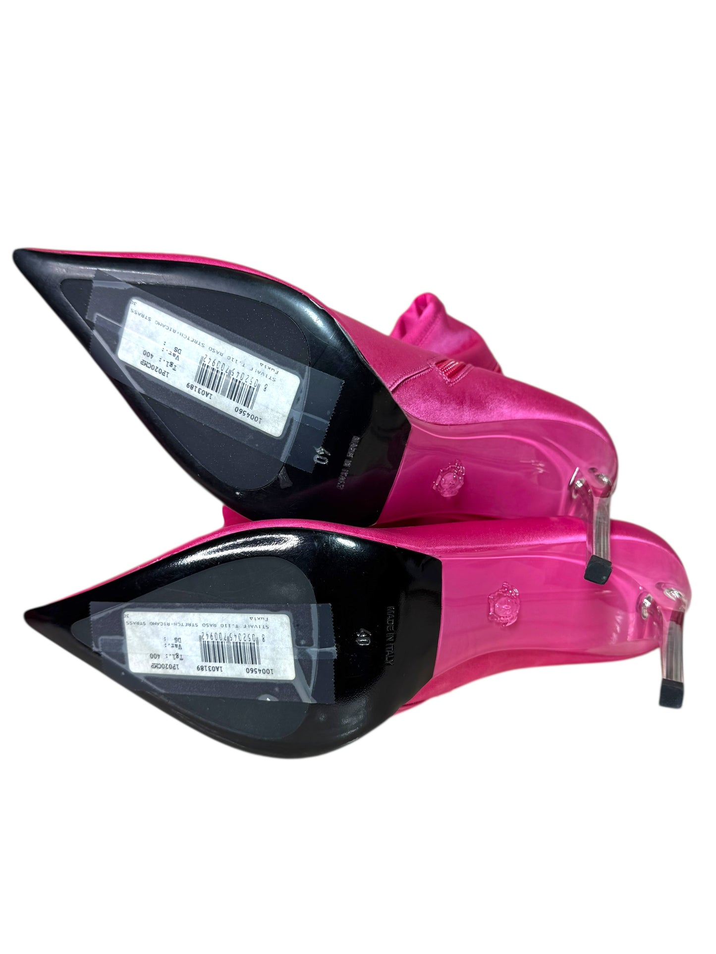 Stivali alti Versace fucsia in satin con tacco a spillo e greca di strass – Nuovi, taglia 40