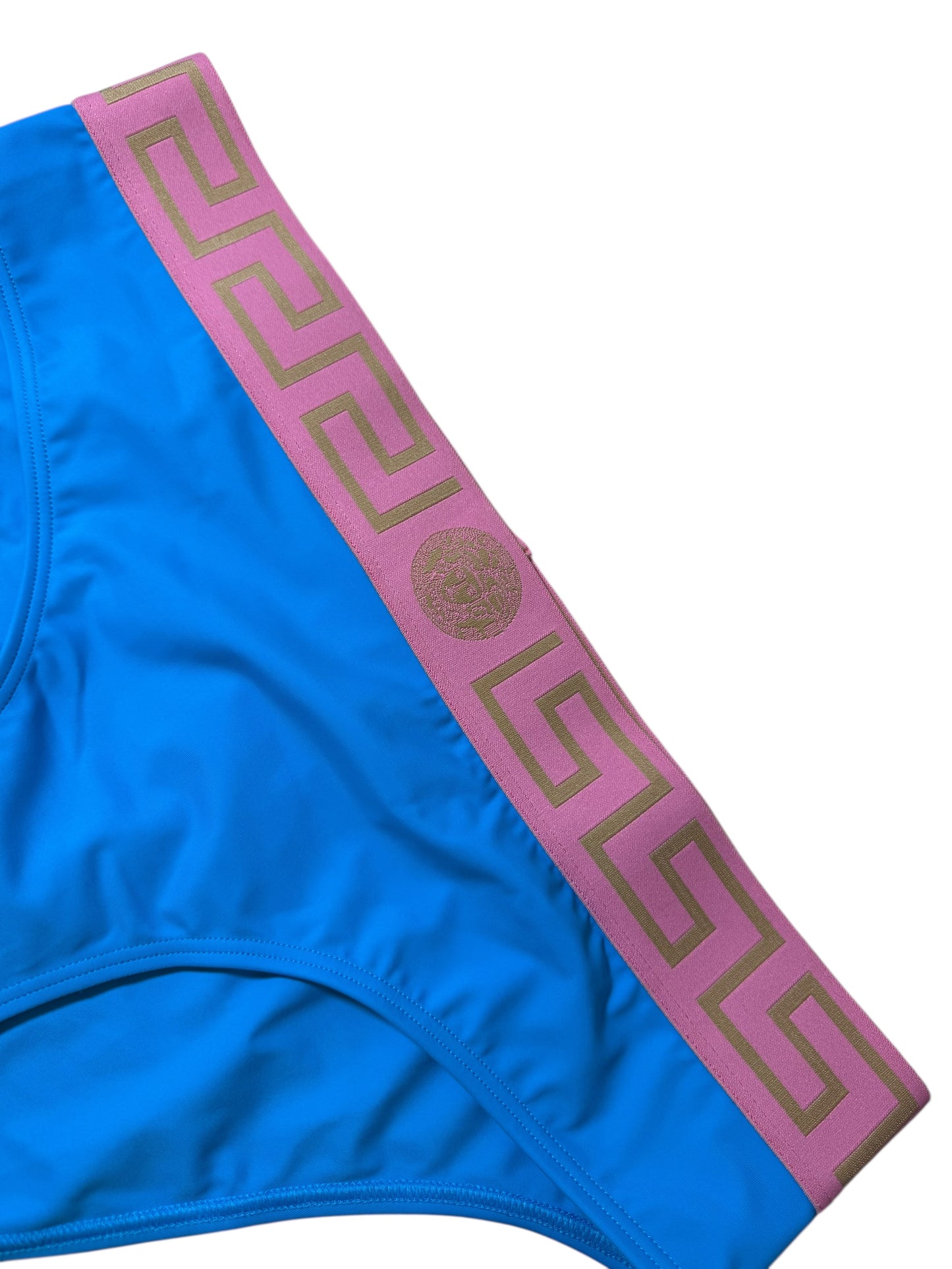 Slip bikini donna Versace blu con fascia Greca rosa e oro - Taglia 5 (XL) - Made in Italy