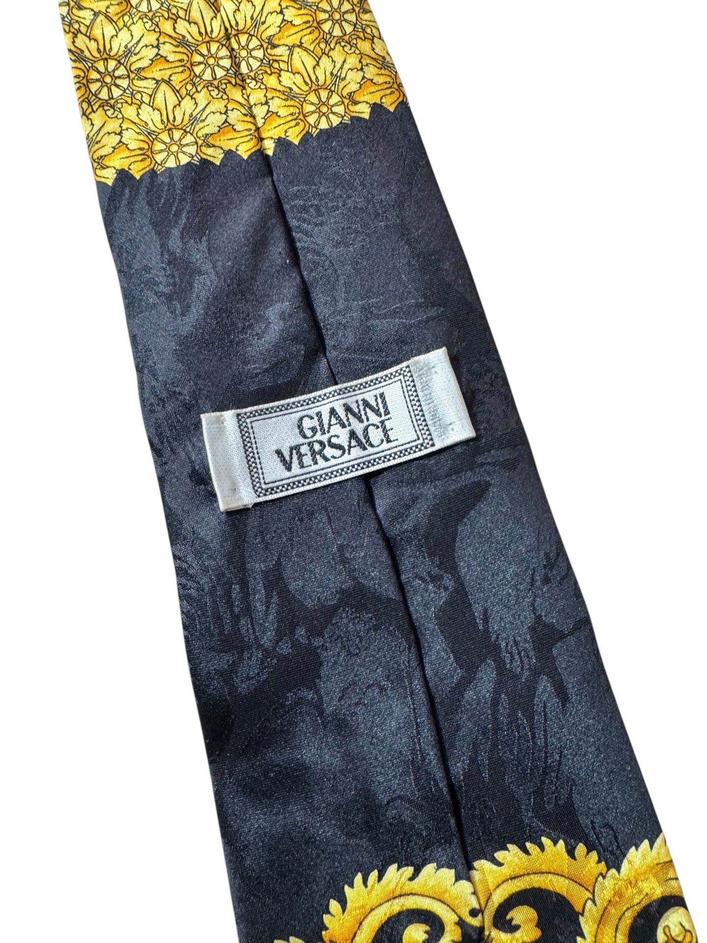Cravatta Gianni Versace vintage seta nera oro con Medusa e motivo leopardato