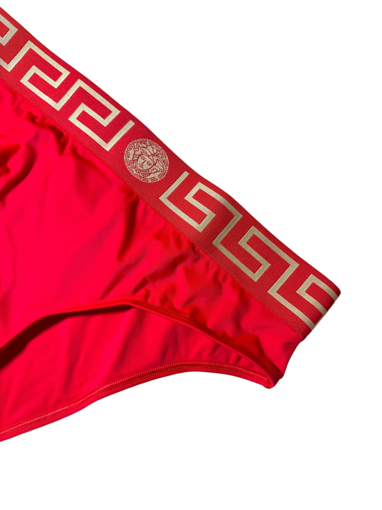 Costume da bagno donna VERSACE rosso – Slip con fascia Greca dorata – Taglia 4