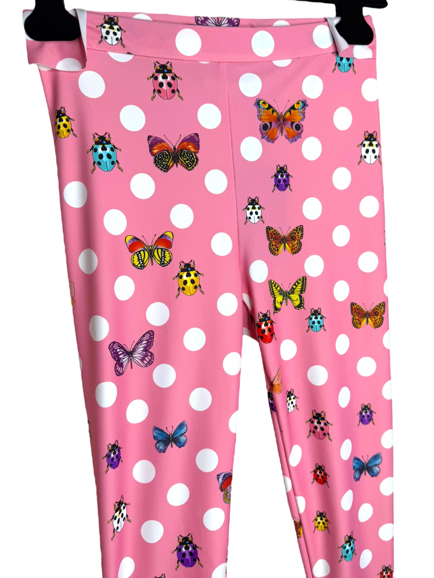 Leggings Versace Donna Tg. 38 – Fantasia Pois Rosa con Farfalle e Coccinelle – Made in Italy