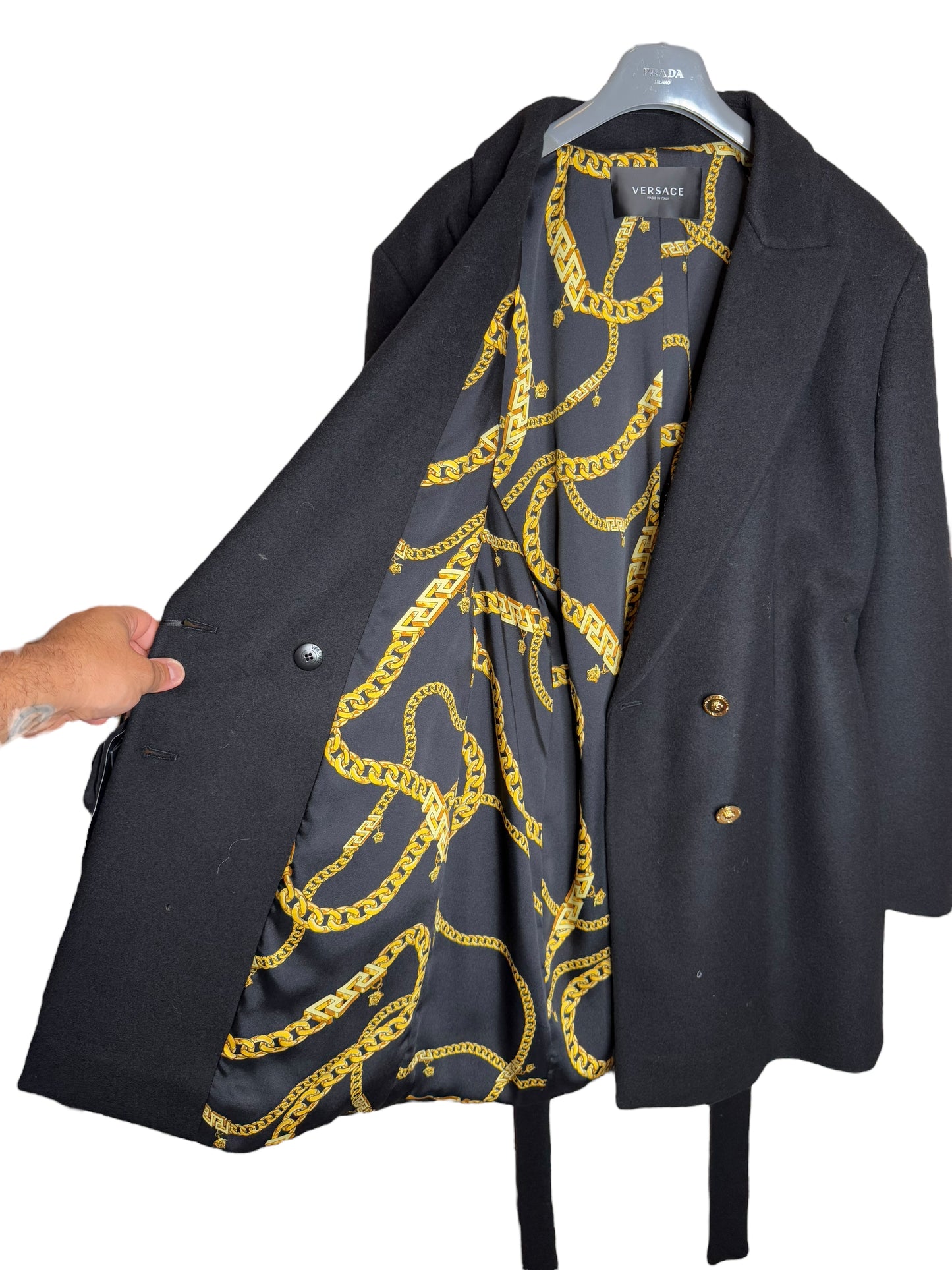 Cappotto doppiopetto uomo Versace nero lana tg. 50 bottoni Medusa oro