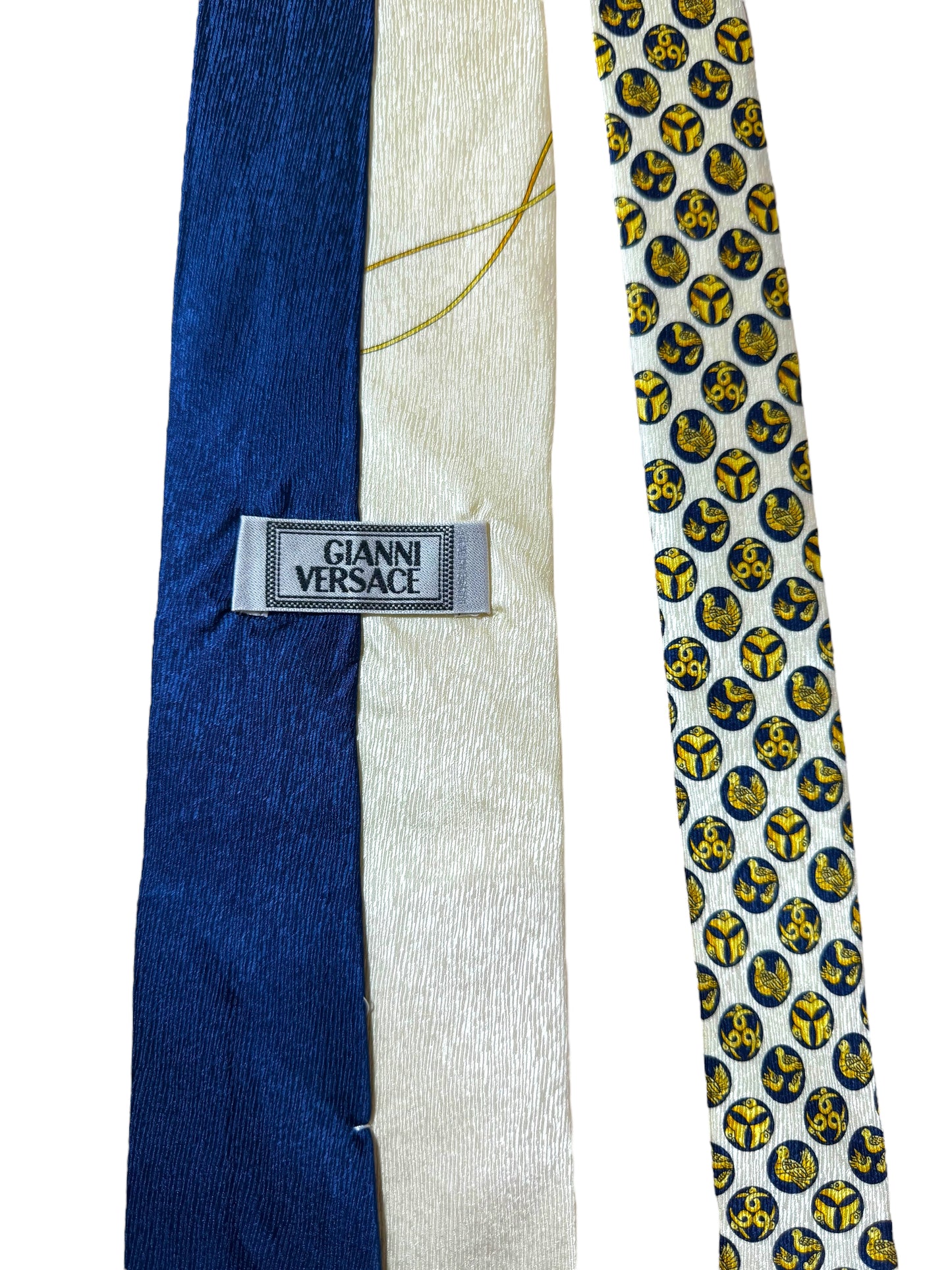 Cravatta Vintage Gianni Versace in Seta – Motivo Giapponese Blu Crema con Lanterne