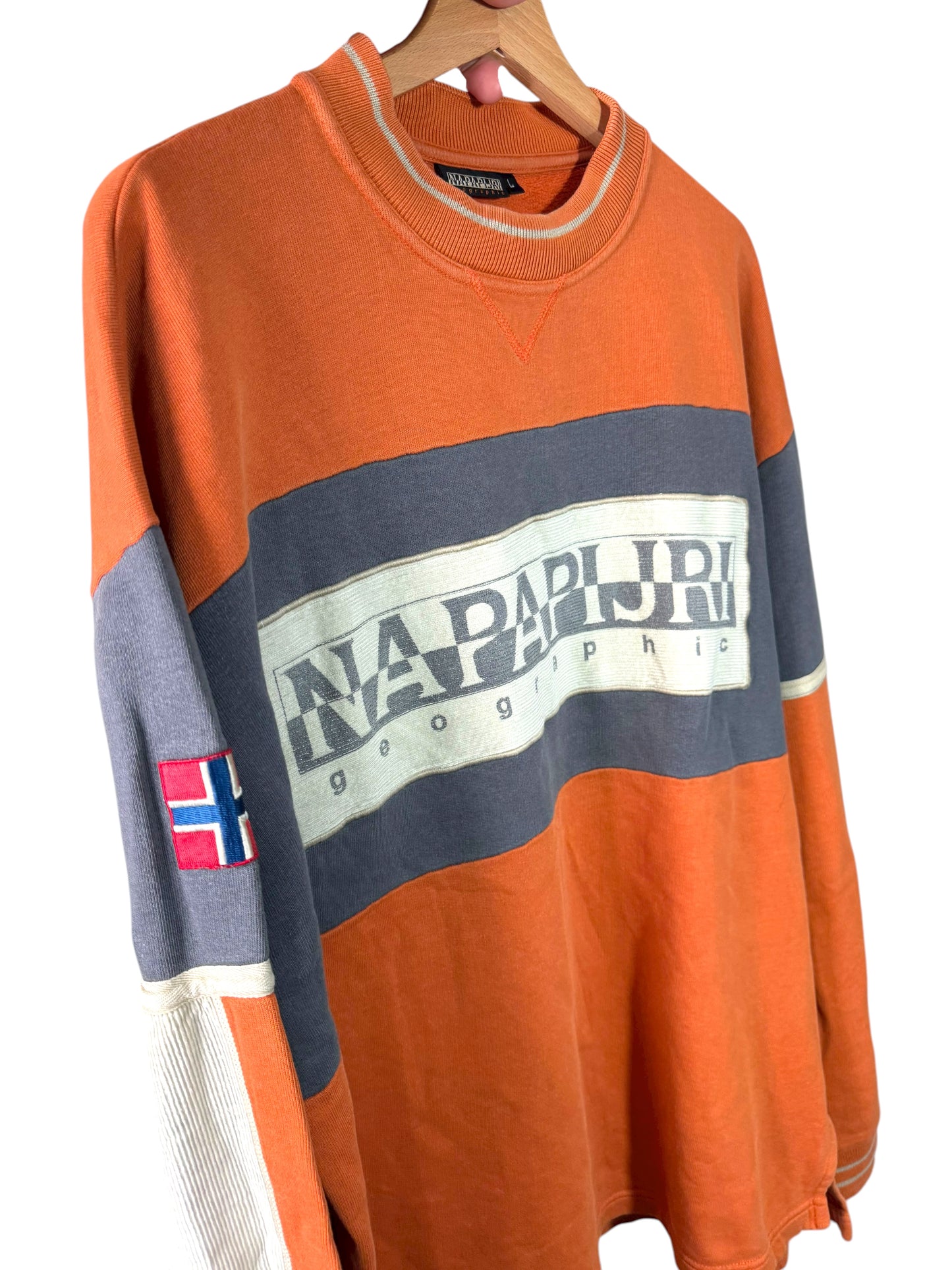 Felpa vintage Napapijri Geographic arancione/grigia con logo frontale Taglia L