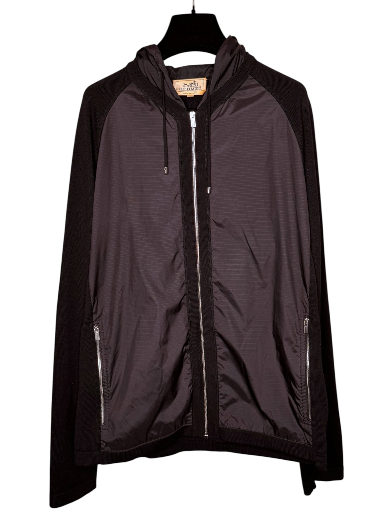 Hermès giacca con cappuccio lana e inserti tessuto tecnico nera zip frontale S — foto 16