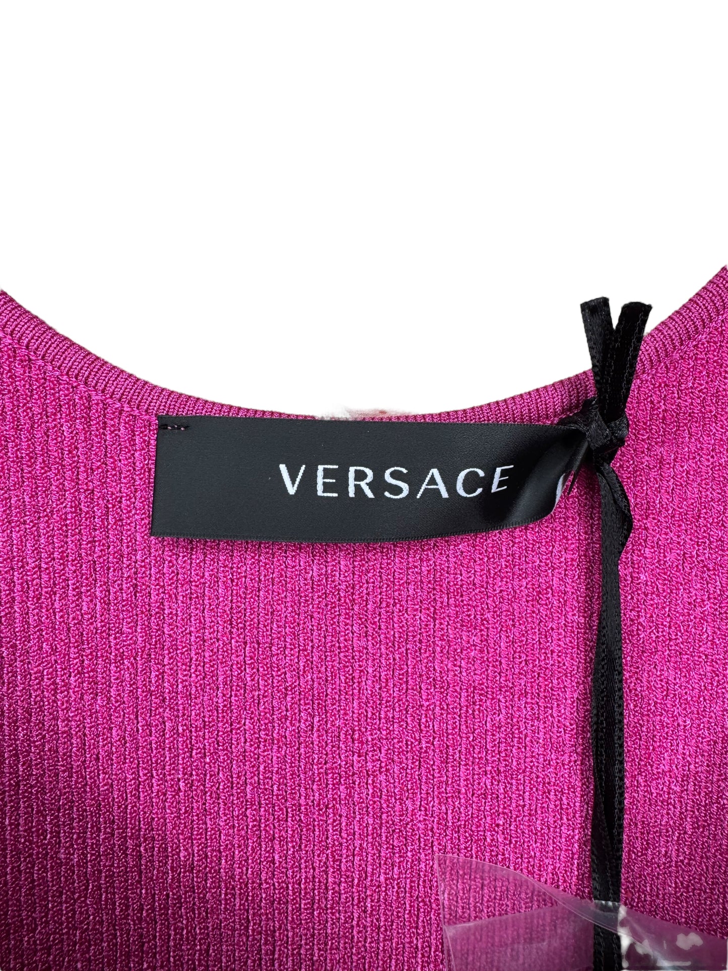Vestito Versace fucsia in maglia stretch con bottoni Medusa dorati – Taglia IT 38