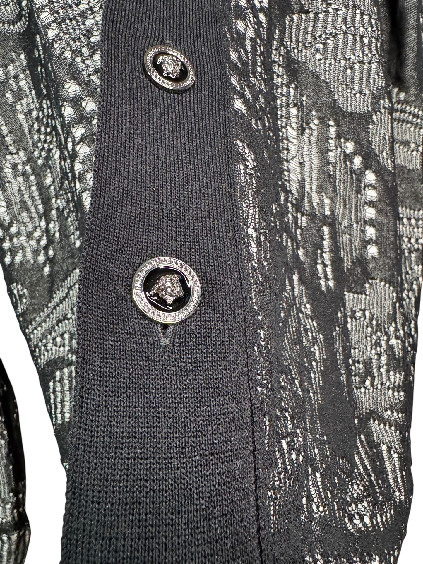 Cardigan Versace nero in cotone traforato lavorazione a punti caduti