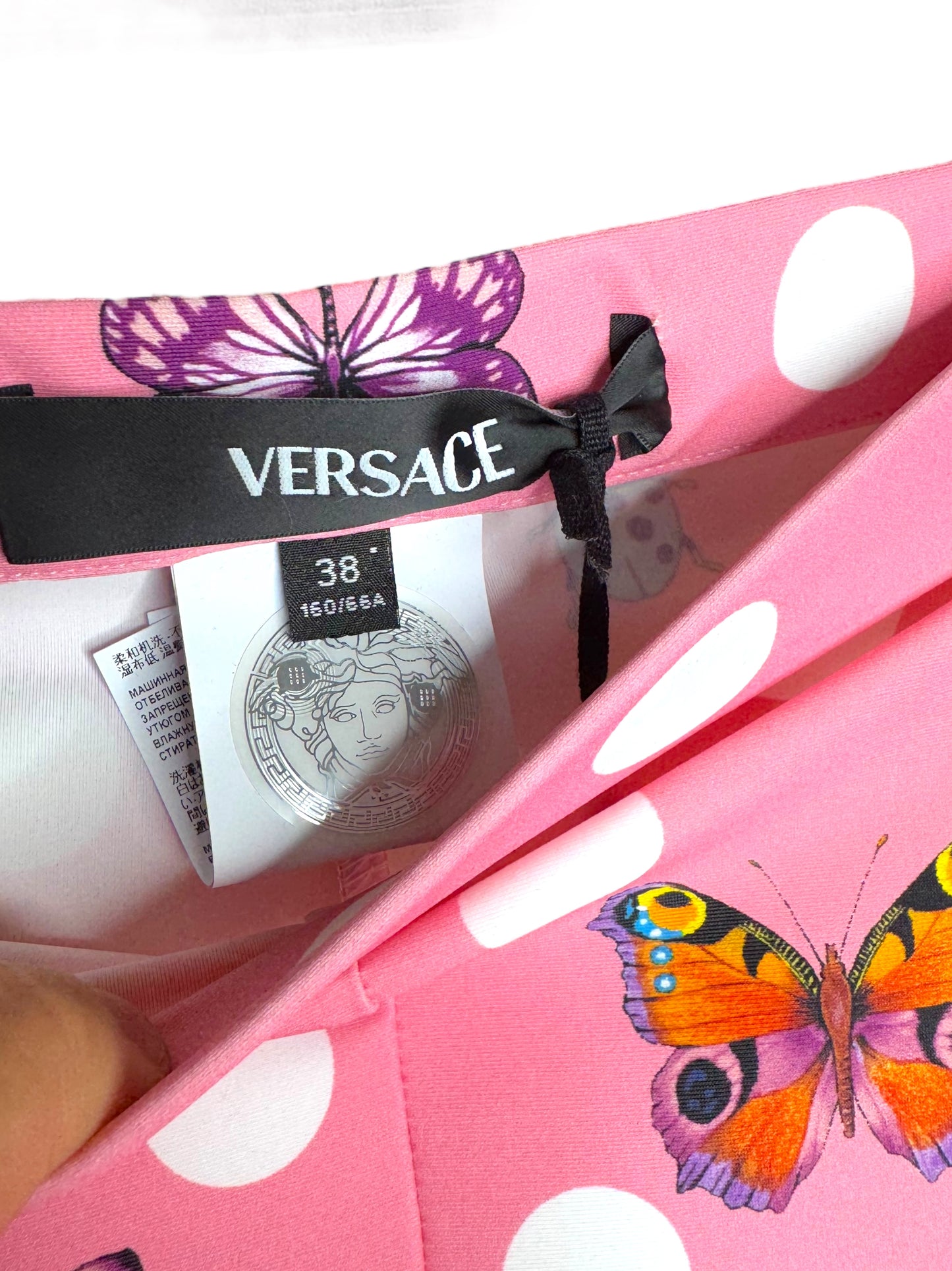 Leggings Versace Donna Tg. 38 – Fantasia Pois Rosa con Farfalle e Coccinelle – Made in Italy