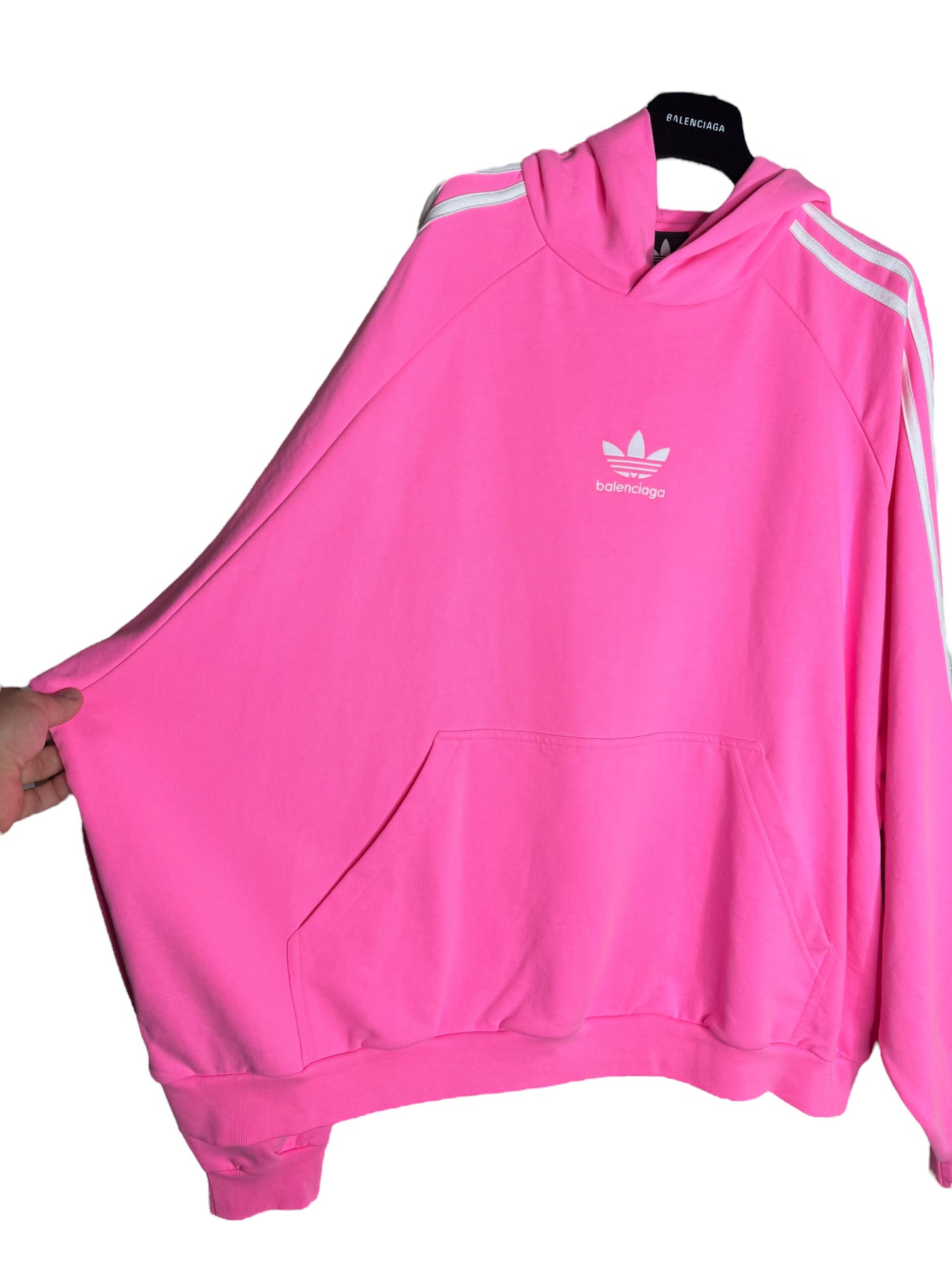 Felpa Balenciaga x Adidas rosa fluo con cappuccio e bande laterali - taglia 3 (fit L- XL–XXL)