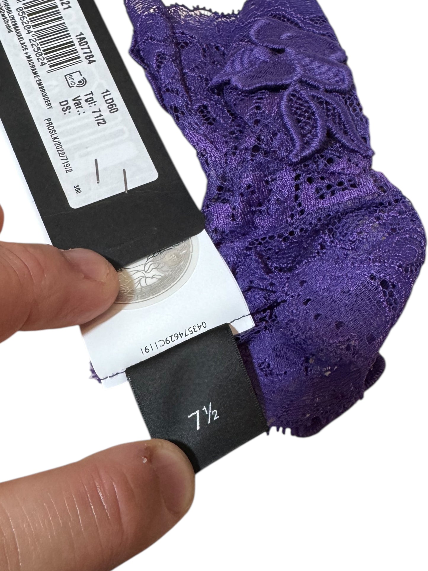 Guanti pizzo viola Versace – Ricamo floreale – Taglia 7,5 (M) Made in Italy