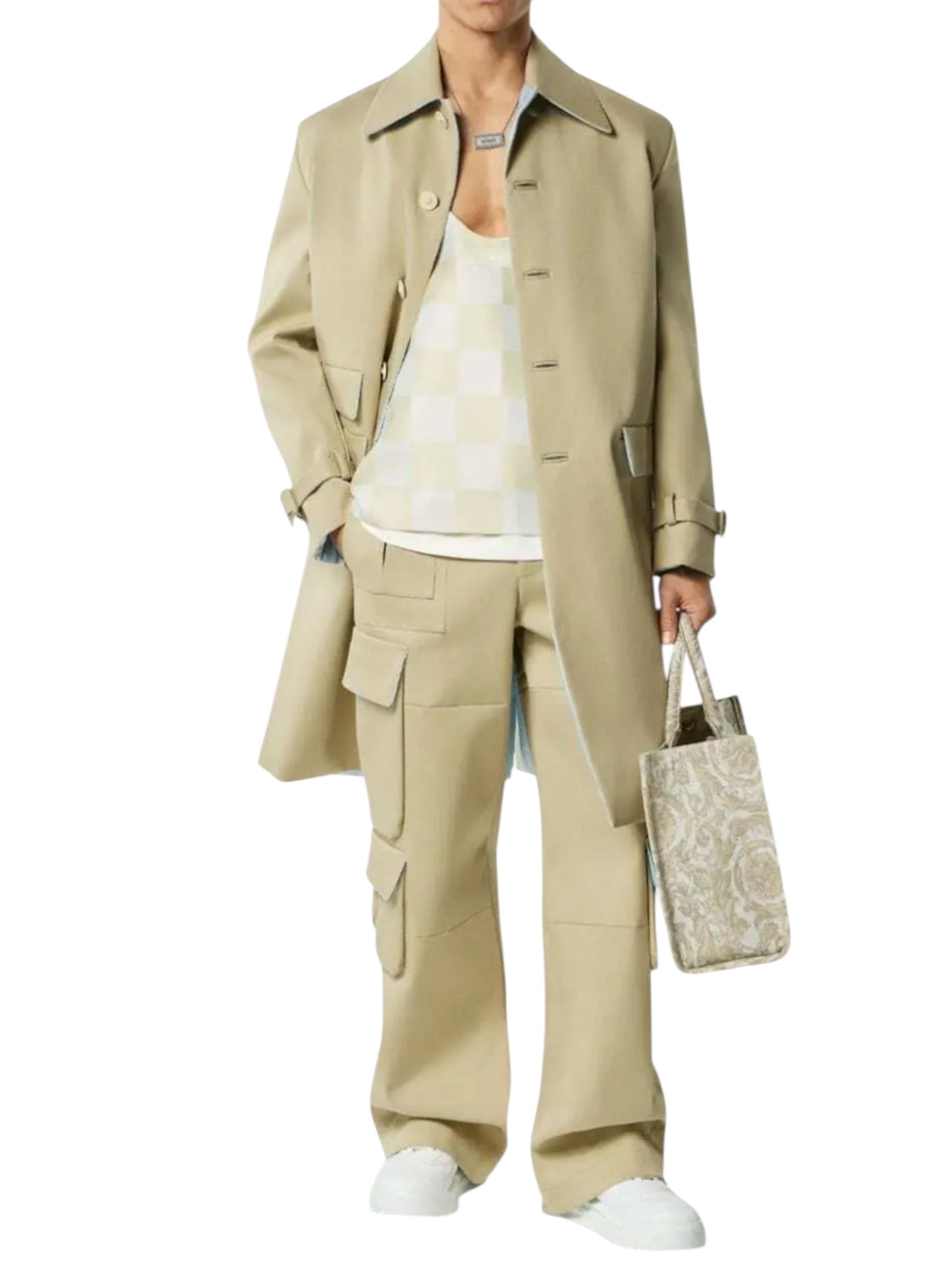 Versace Top Uomo a Quadri Bianchi e Beige Taglia M – Nuovo.