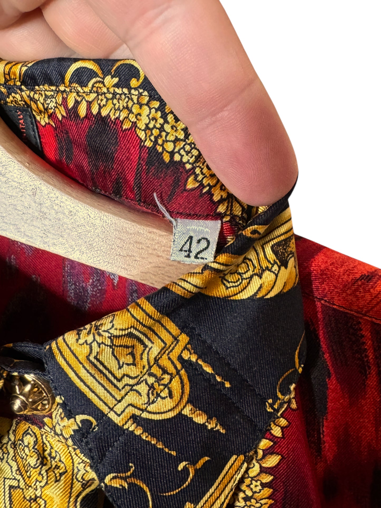 Camicia vintage Gianni Versace – Linea Istante – Taglia 42 – Stampa barocca oro e animalier rossa