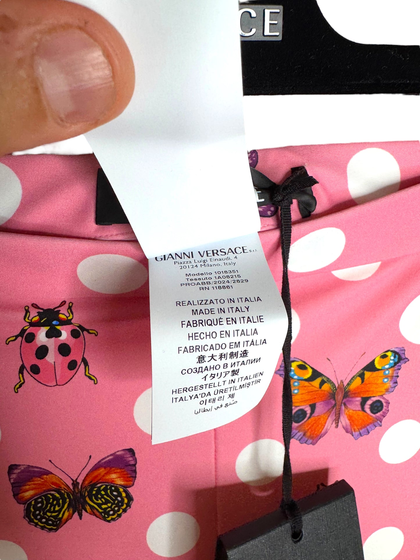 Leggings Versace Donna Tg. 38 – Fantasia Pois Rosa con Farfalle e Coccinelle – Made in Italy