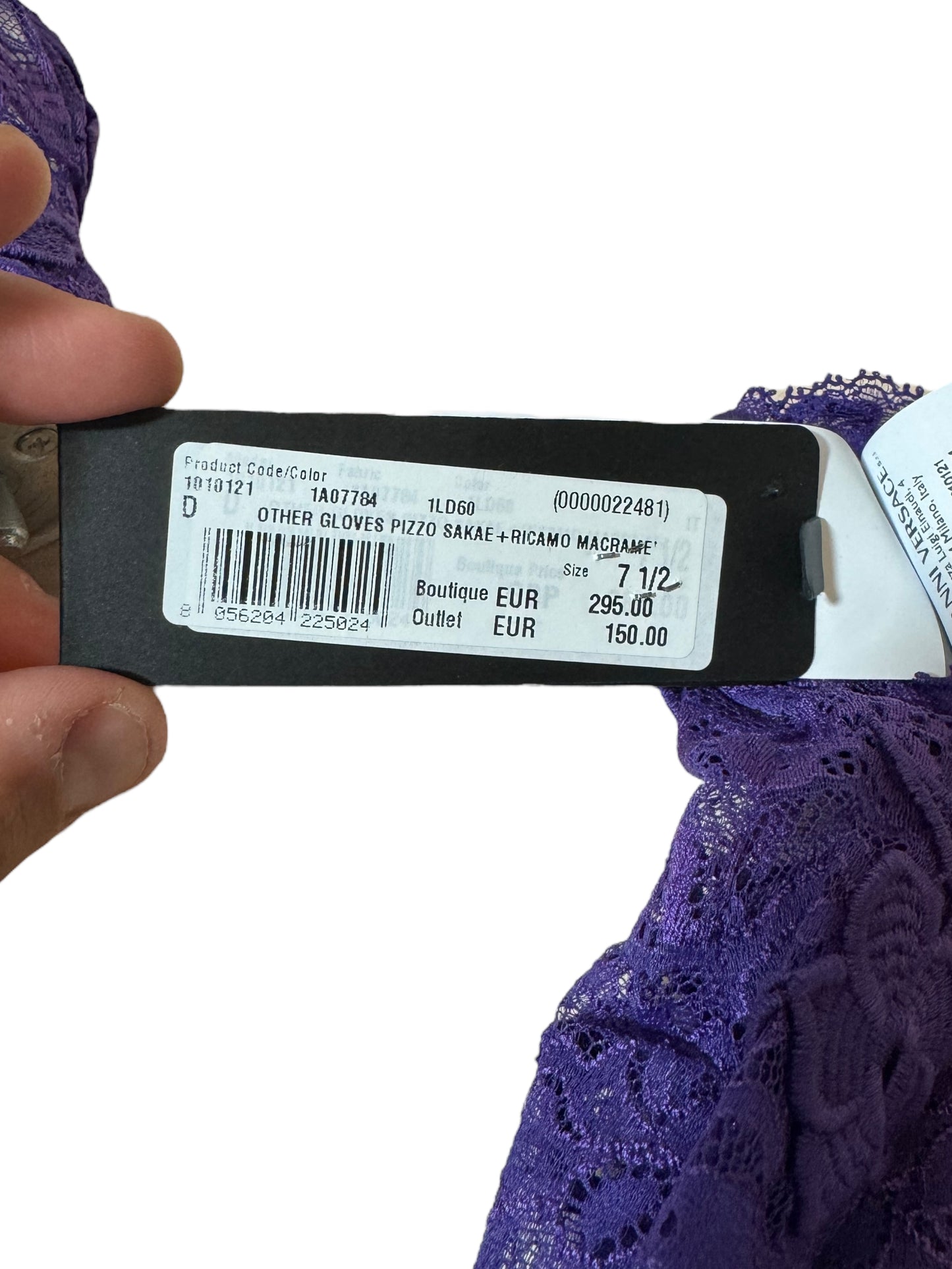 Guanti pizzo viola Versace – Ricamo floreale – Taglia 7,5 (M) Made in Italy