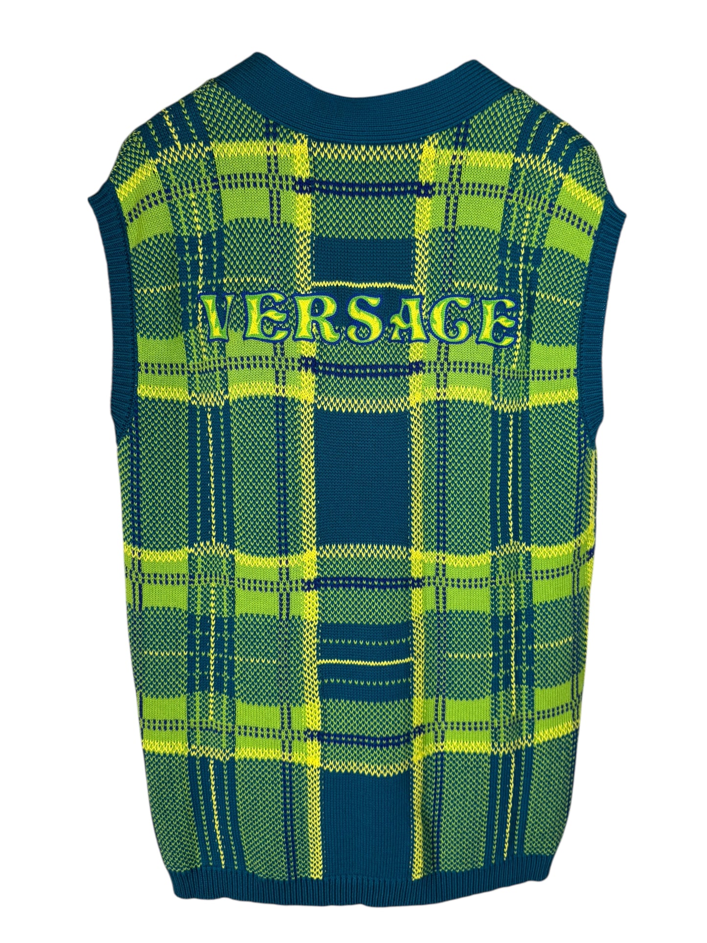 Versace gilet uomo check verde/blu con logo ricamato sul retro – Made in Italy.