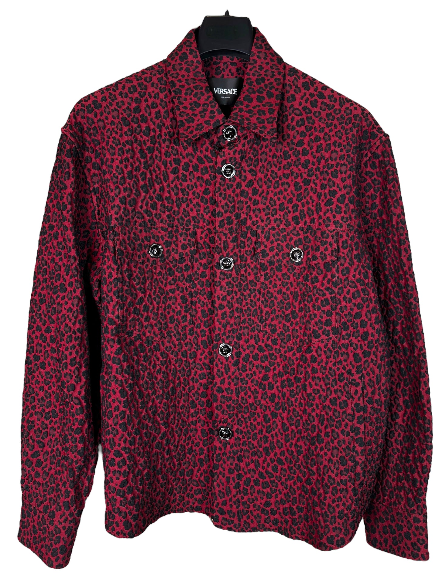 Giacca camicia Versace leopardata rosso/nero in cotone jacquard