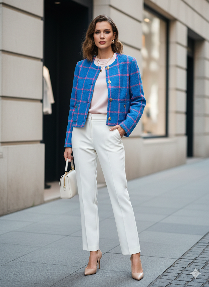 Giacca Versace lana lurex quadri Medusa blu rosa nuova taglia 50