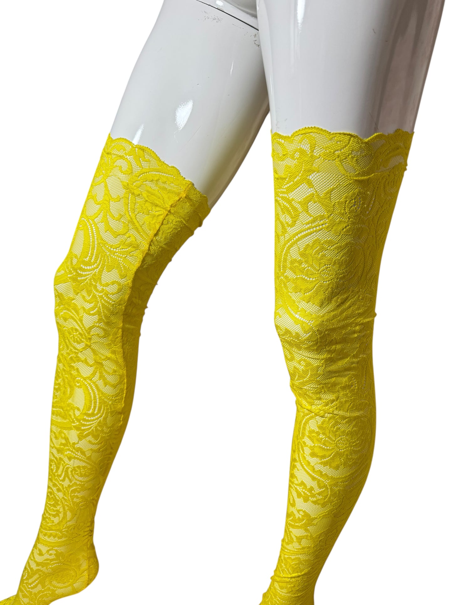 Collant autoreggenti gialli in pizzo Barocco Versace – Taglia M