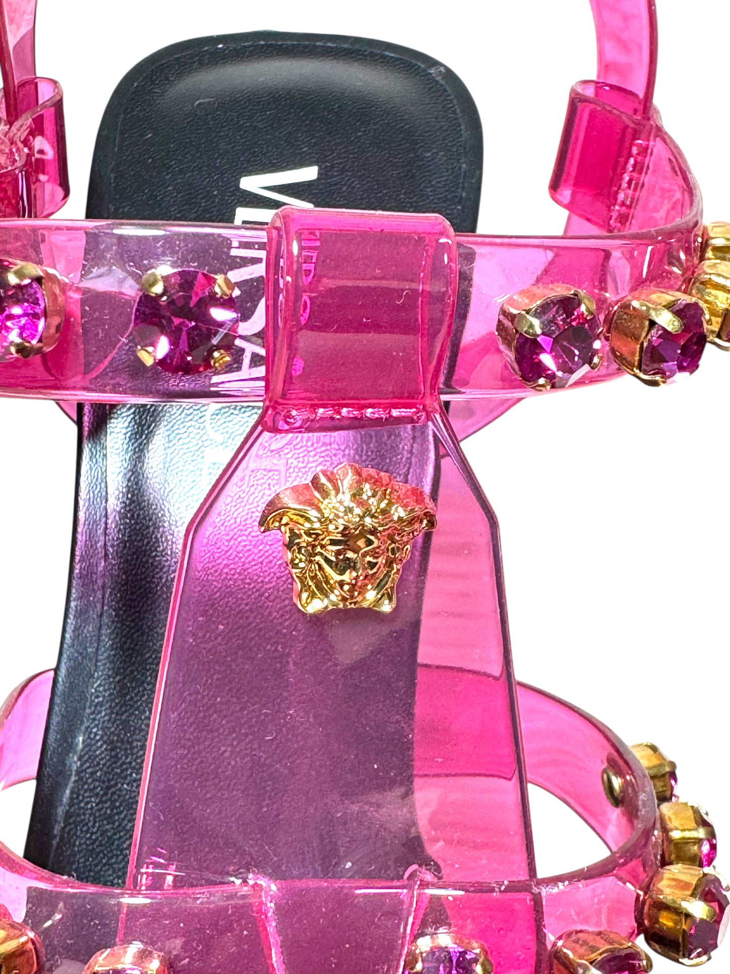 Sandali Versace in PVC rosa con cristalli e borchie Medusa – Taglia 39 IT – Made in Italy