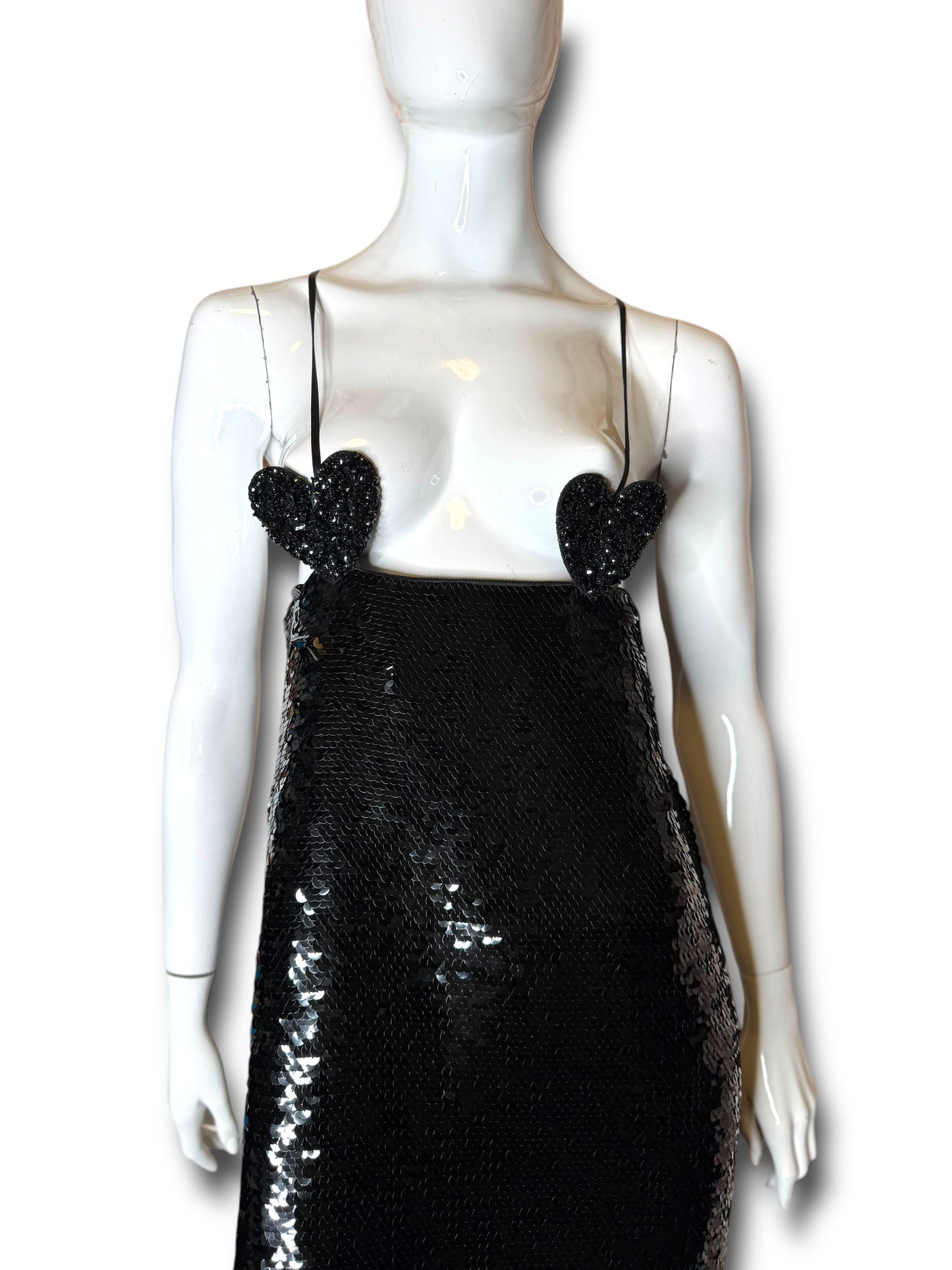 Abito lungo Gucci in seta con paillettes nere e dettagli cuore Made In Italy