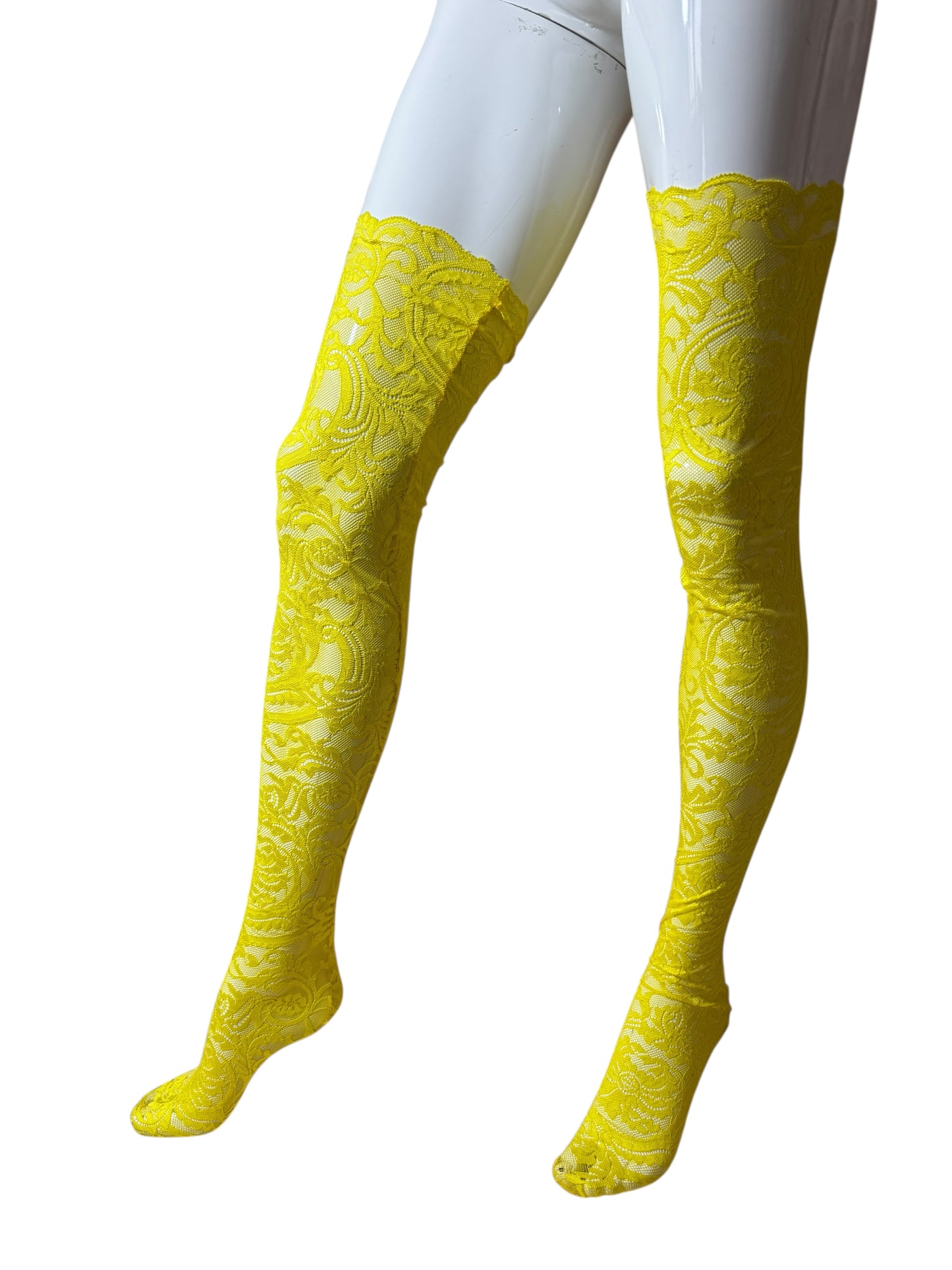 Collant autoreggenti gialli in pizzo Barocco Versace – Taglia M