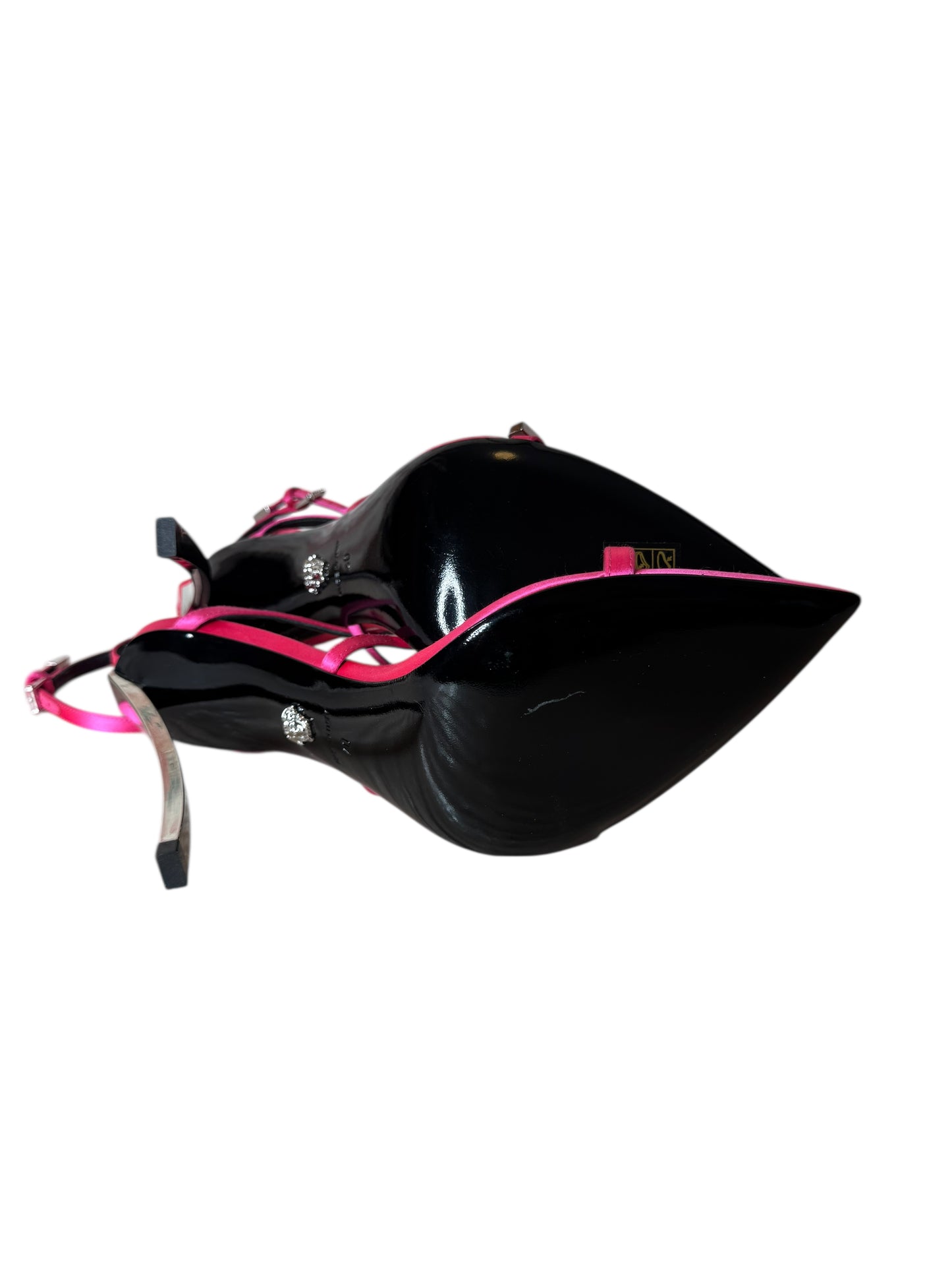 Sandali donna Versace satinati fucsia con tacco a spillo in metallo – Taglia 40