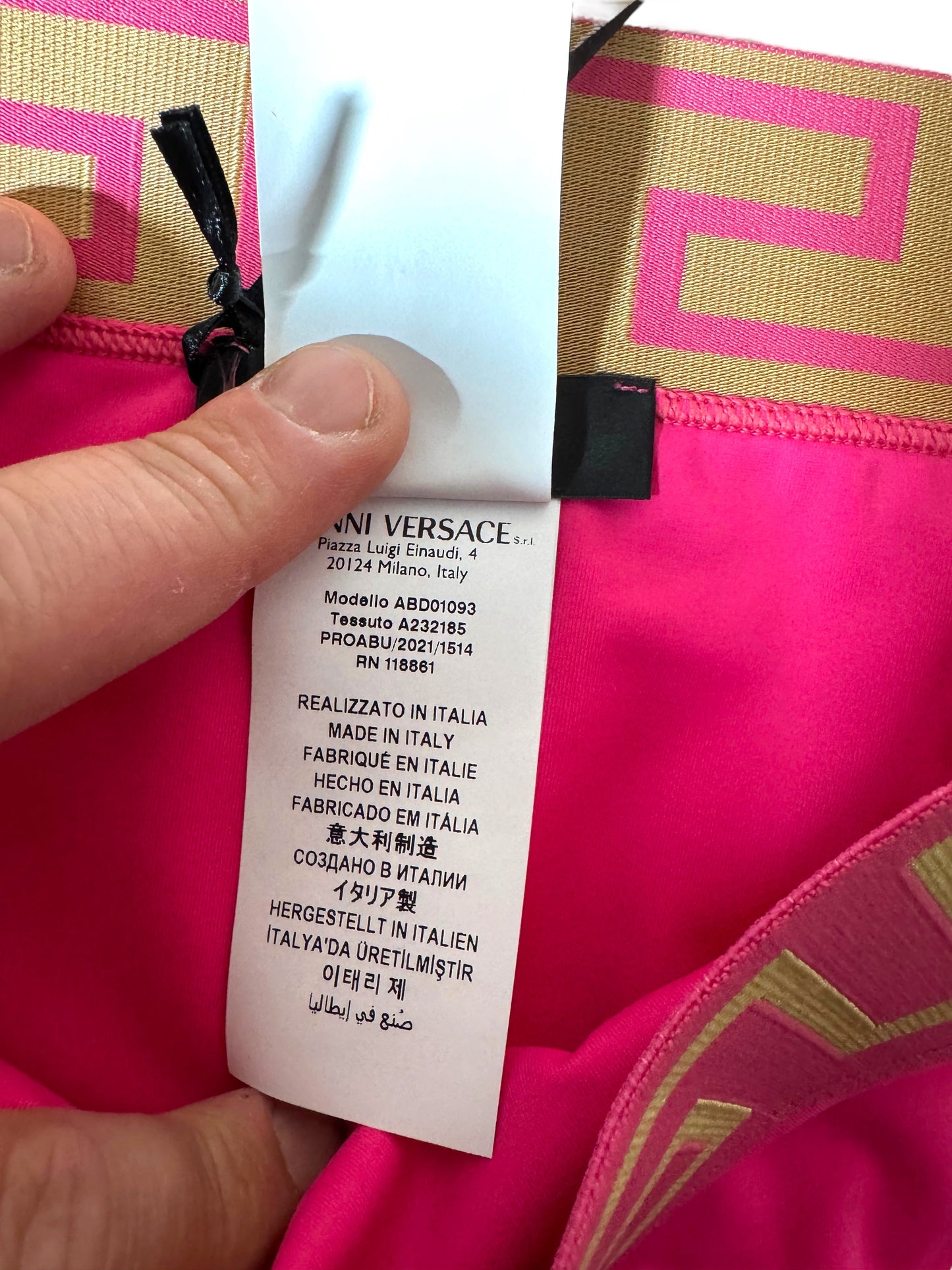 Costume da bagno donna VERSACE fucsia – Slip con fascia Greca dorata – Taglia 1