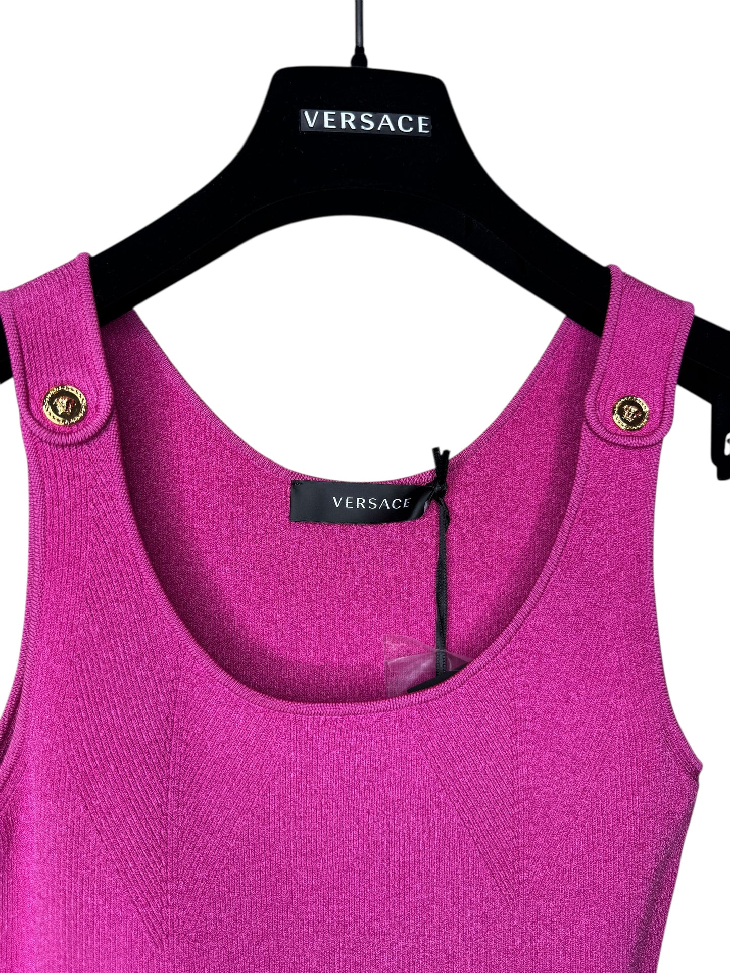Vestito Versace fucsia in maglia stretch con bottoni Medusa dorati – Taglia IT 38