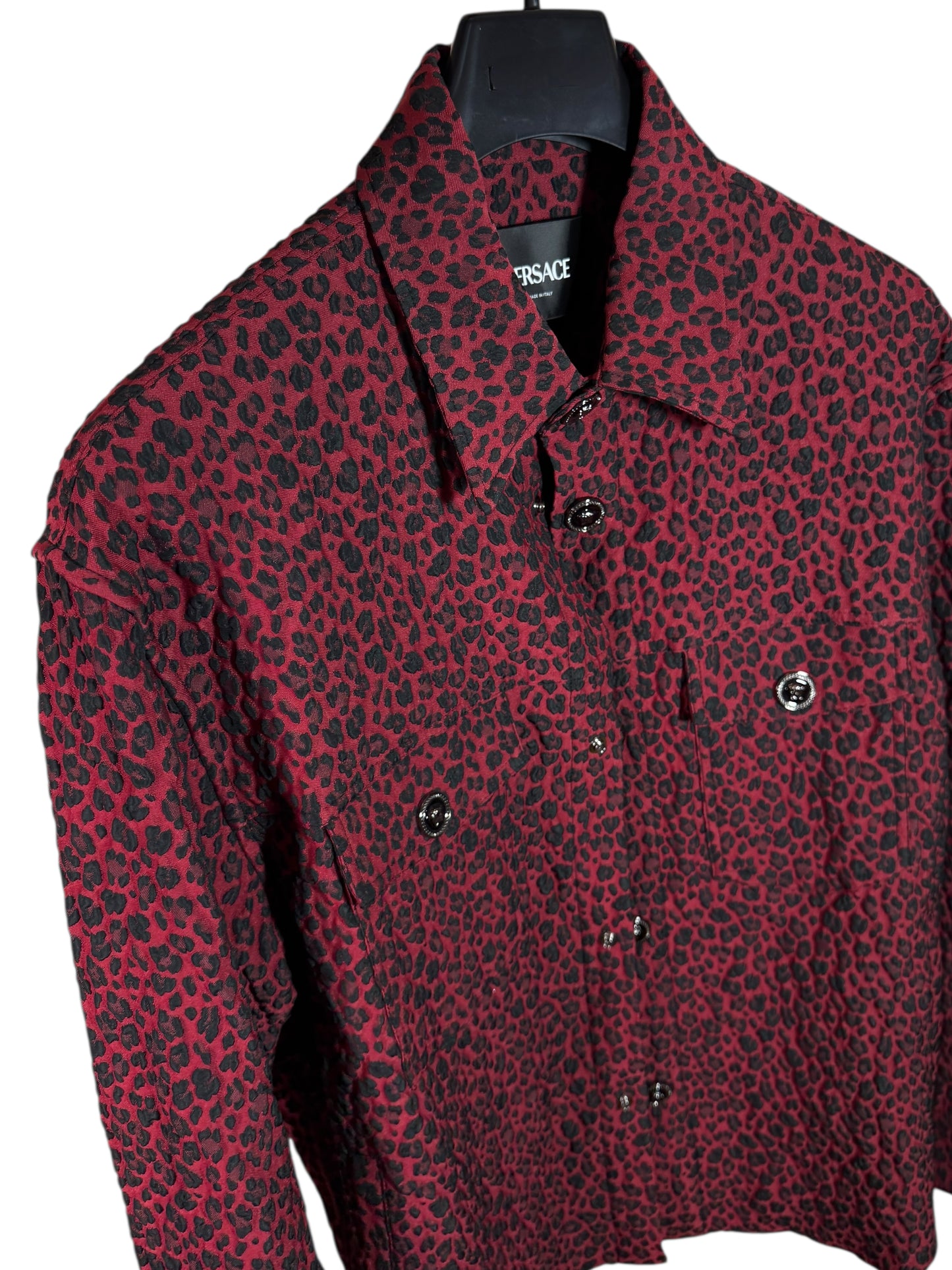 Giacca camicia Versace leopardata rosso/nero in cotone jacquard