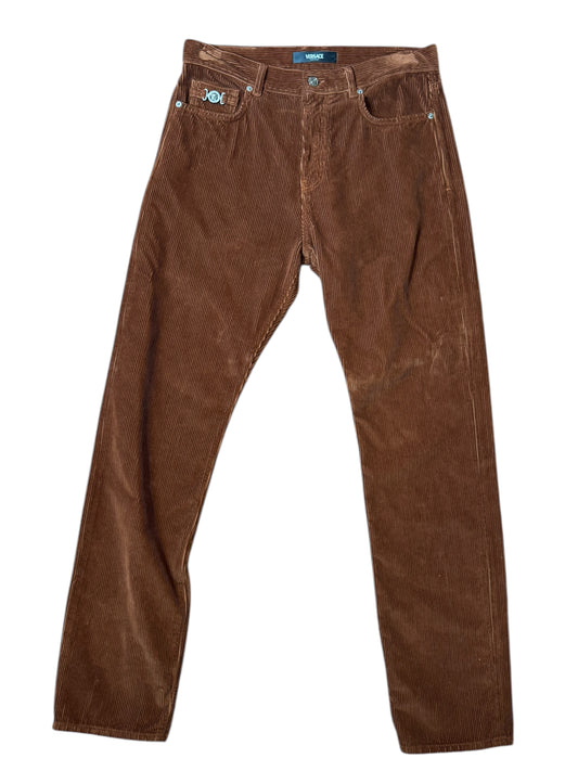 Pantaloni uomo Versace in velluto a coste marrone con logo Medusa – Taglia 32.
