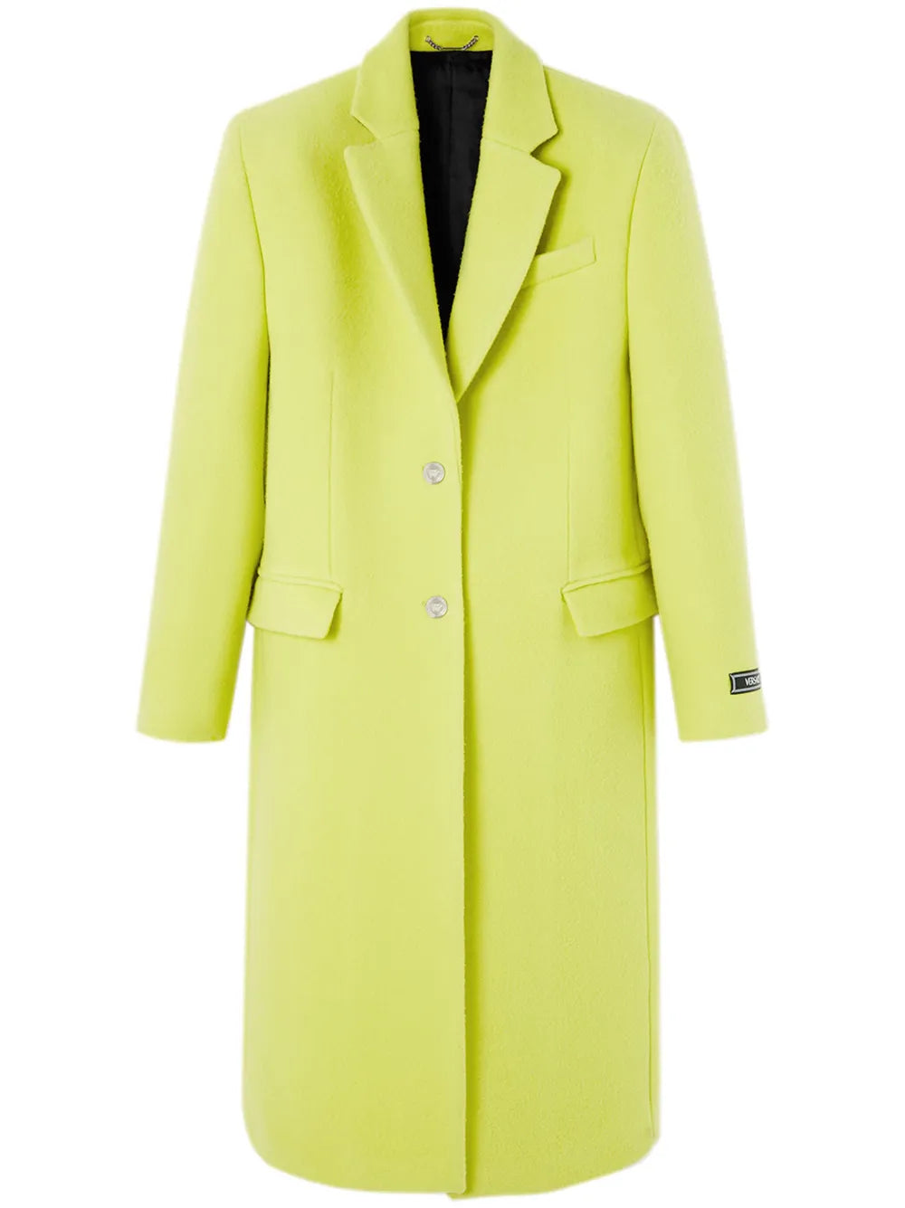 Cappotto lungo Versace giallo fluo in lana con bottoni argento