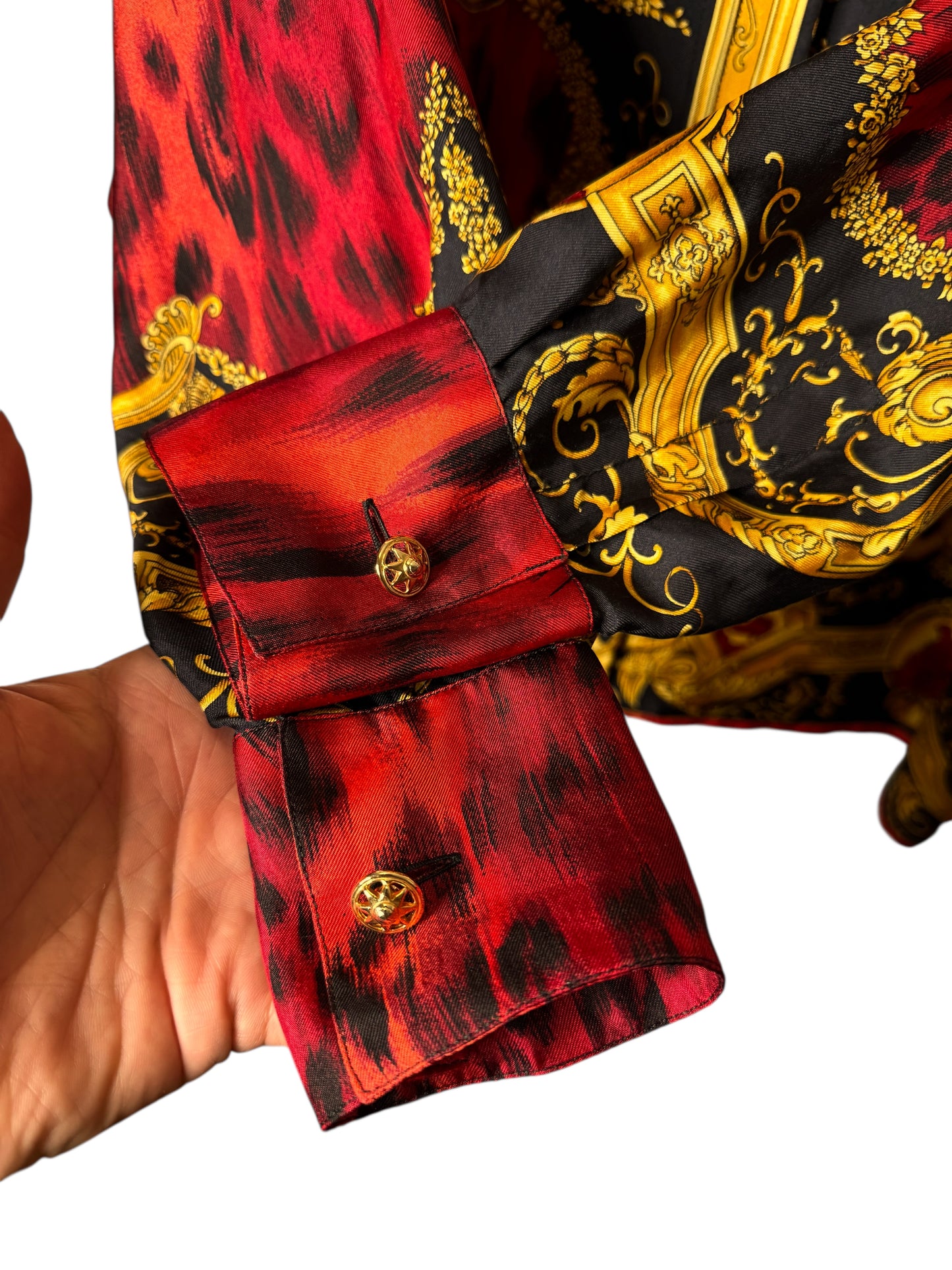 Camicia vintage Gianni Versace – Linea Istante – Taglia 42 – Stampa barocca oro e animalier rossa