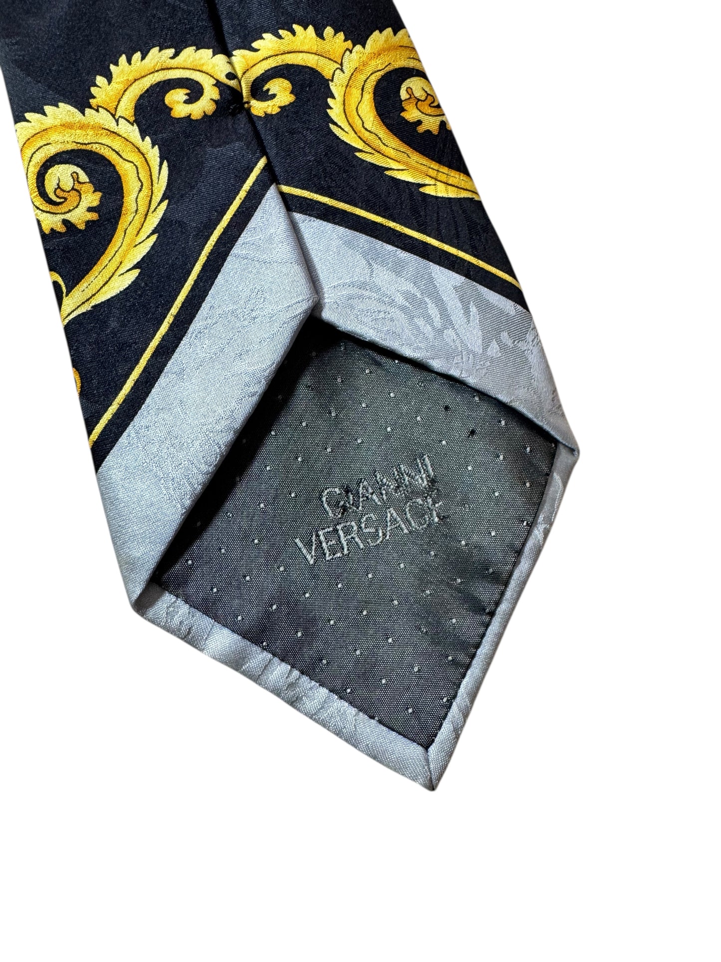 Cravatta Gianni Versace vintage seta nera oro con Medusa e motivo leopardato