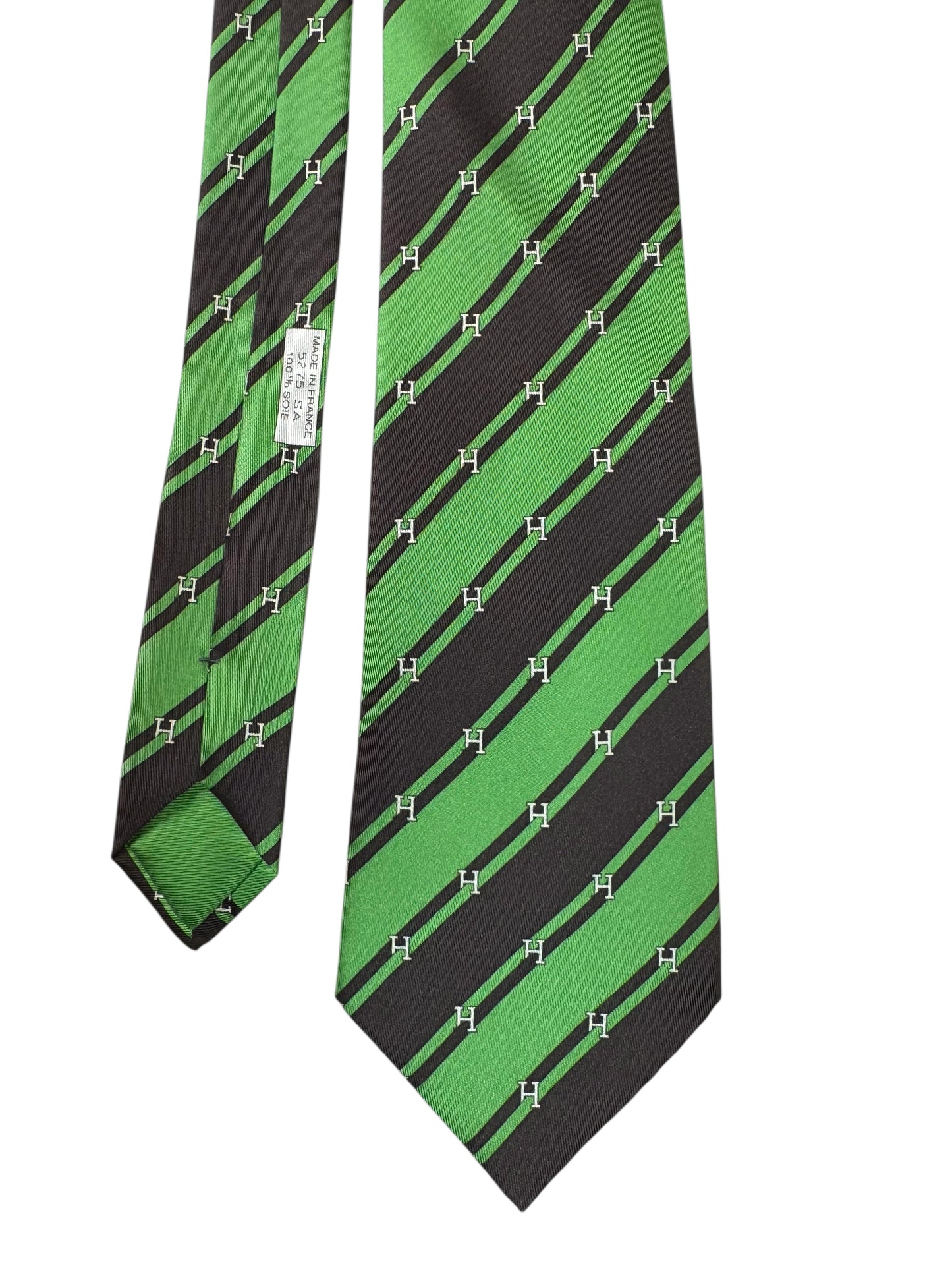 Cravatta Hermès Paris Vintage in Seta – Righe Diagonali Verde/Nero – Logo “H” – Made in France