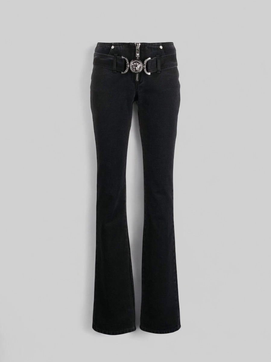 Jeans VERSACE Donna Tg 25 – Modello Flare Vita Bassa Nero con Medusa