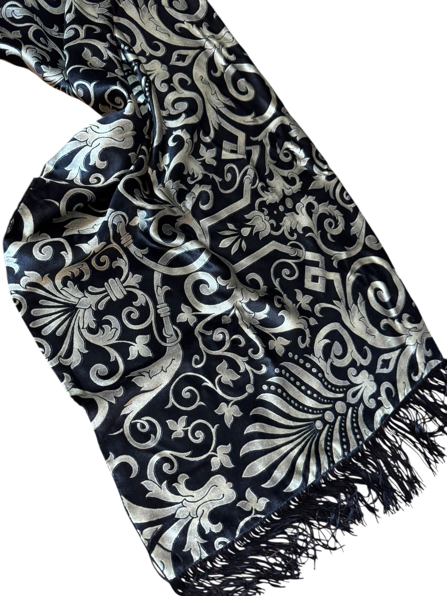 Sciarpa Gianni Versace Vintage in seta e cupro – Baroque Nero/Oro – Frange