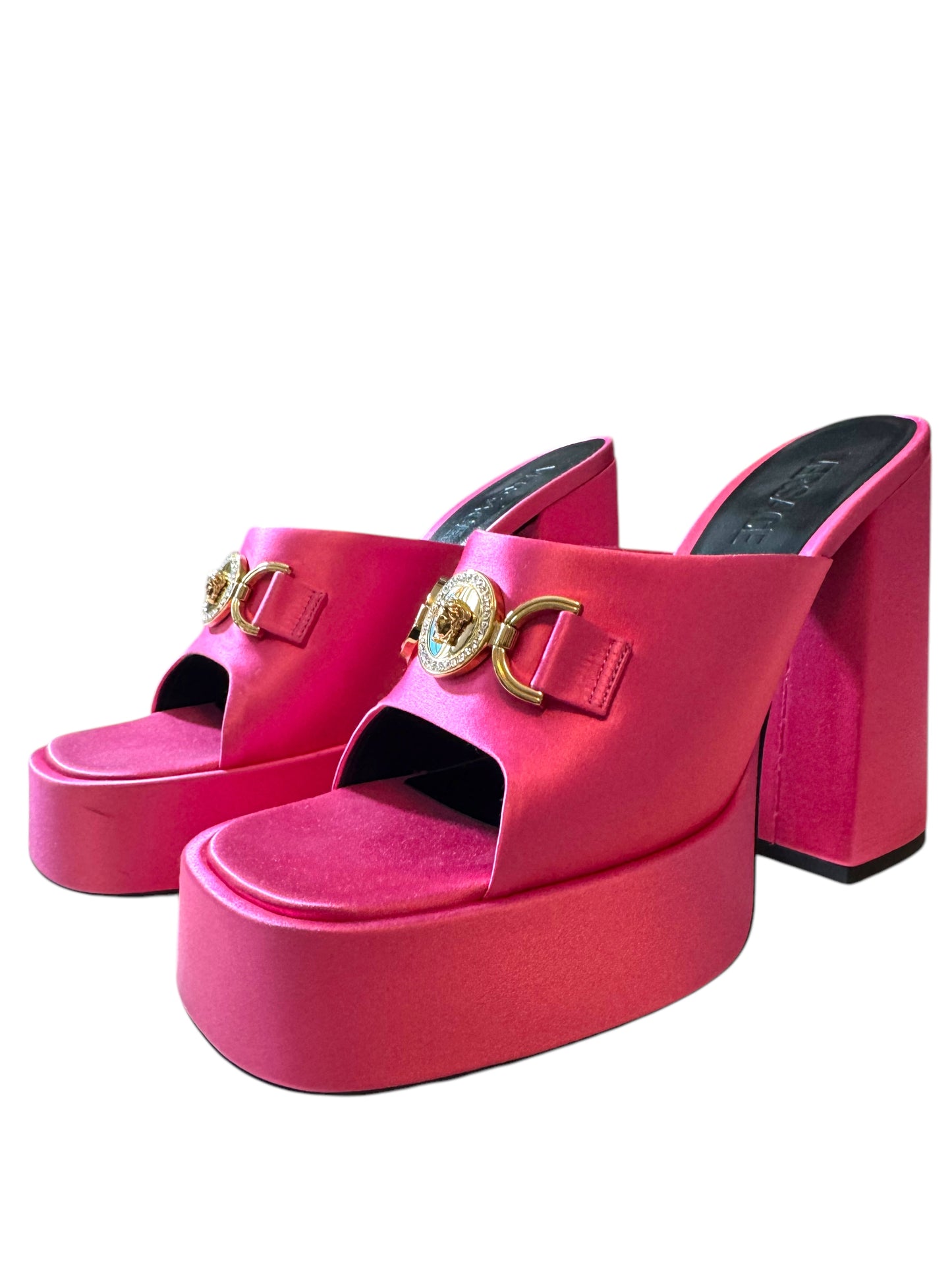 Versace Mules Donna Fucsia in Satin con Logo Medusa – Tacco Alto – Made in Italy